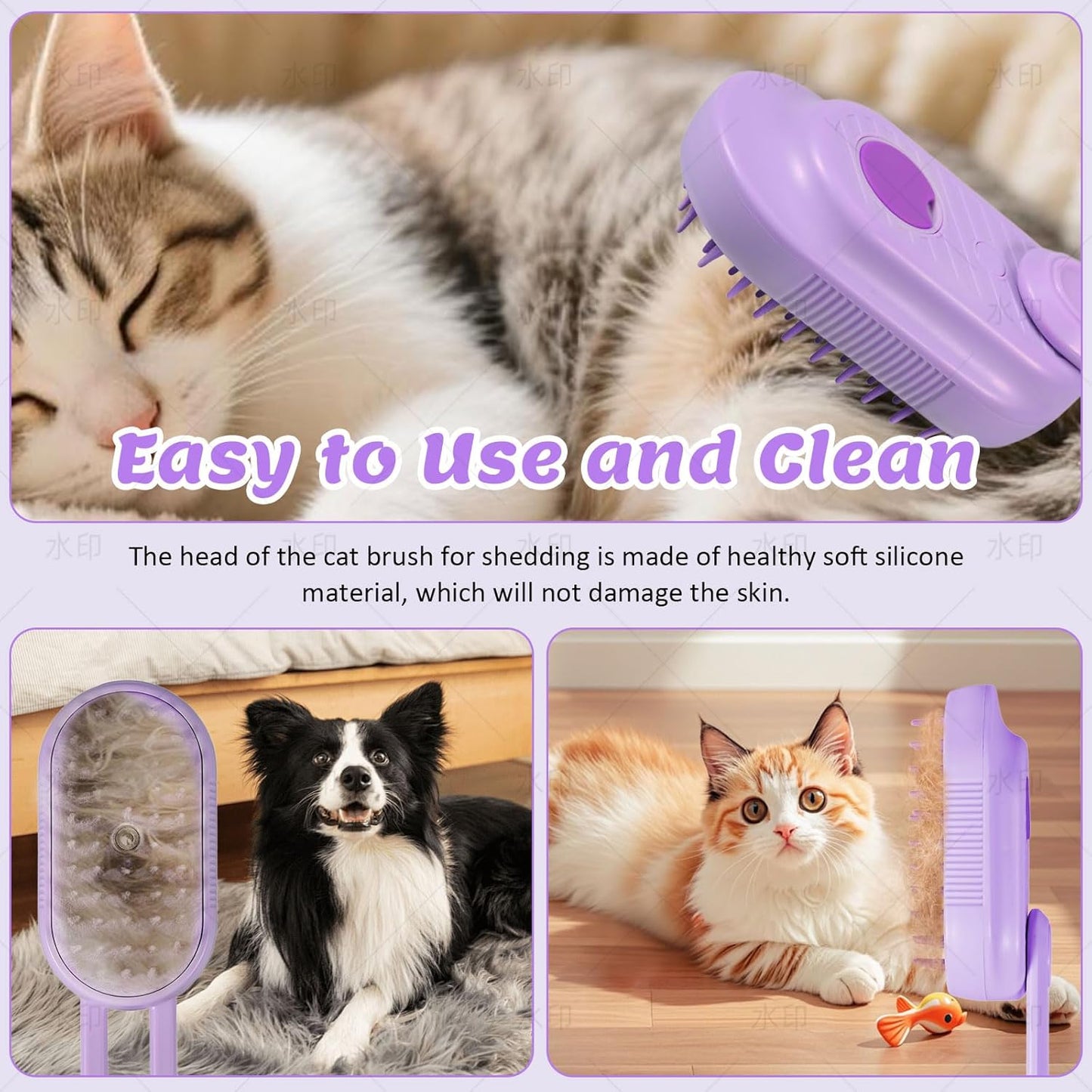 4 in 1 Cat & Dog Steam Brush Kit with 2 Comb Heads - Rechargeable Grooming Brush for Long/Short Hair Shedding, Anti-Static Steam Spray & Foldable Handle, Pet Spa Cleaning Tool (Purple)