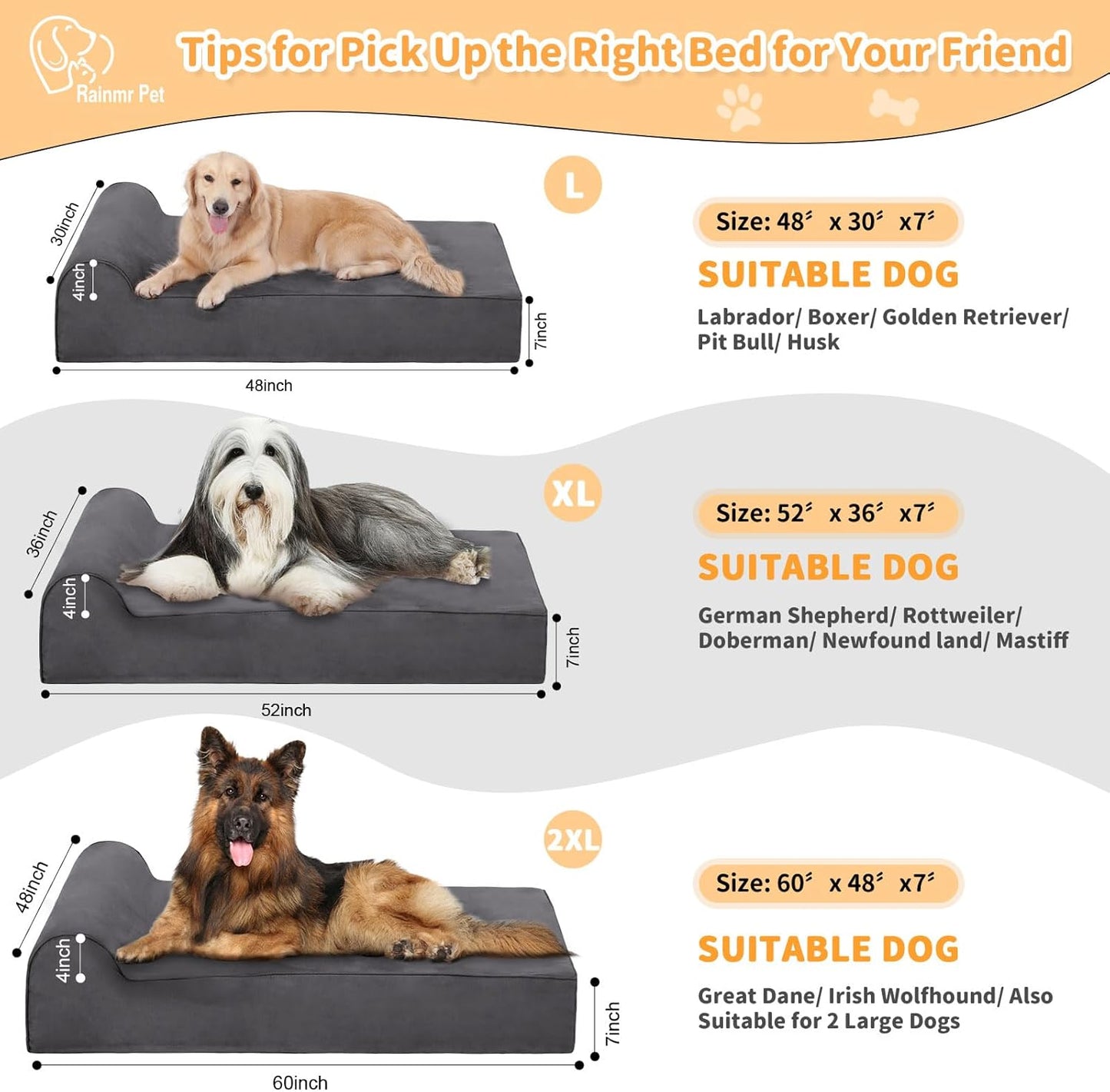 Large Orthopedic Dog Bed, 7" Memory Foam with Waterproof Liner, Chew Resistant Microsuede Cover, Removable and Washable, for Indoor, Outdoor, and Car Use, Nonskid Base, 48"x30" L Grey