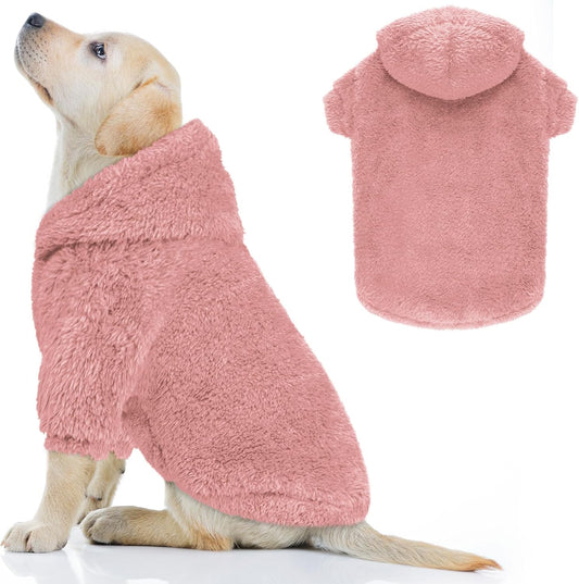 Fuzzy Dog Sweaters for Large Dogs Soft Double-Sided Plush Fleece Pet Sweater Clothes Pet Coats Dog Hoodie Sherpa Hooded Sweatshirt(Pink-L)