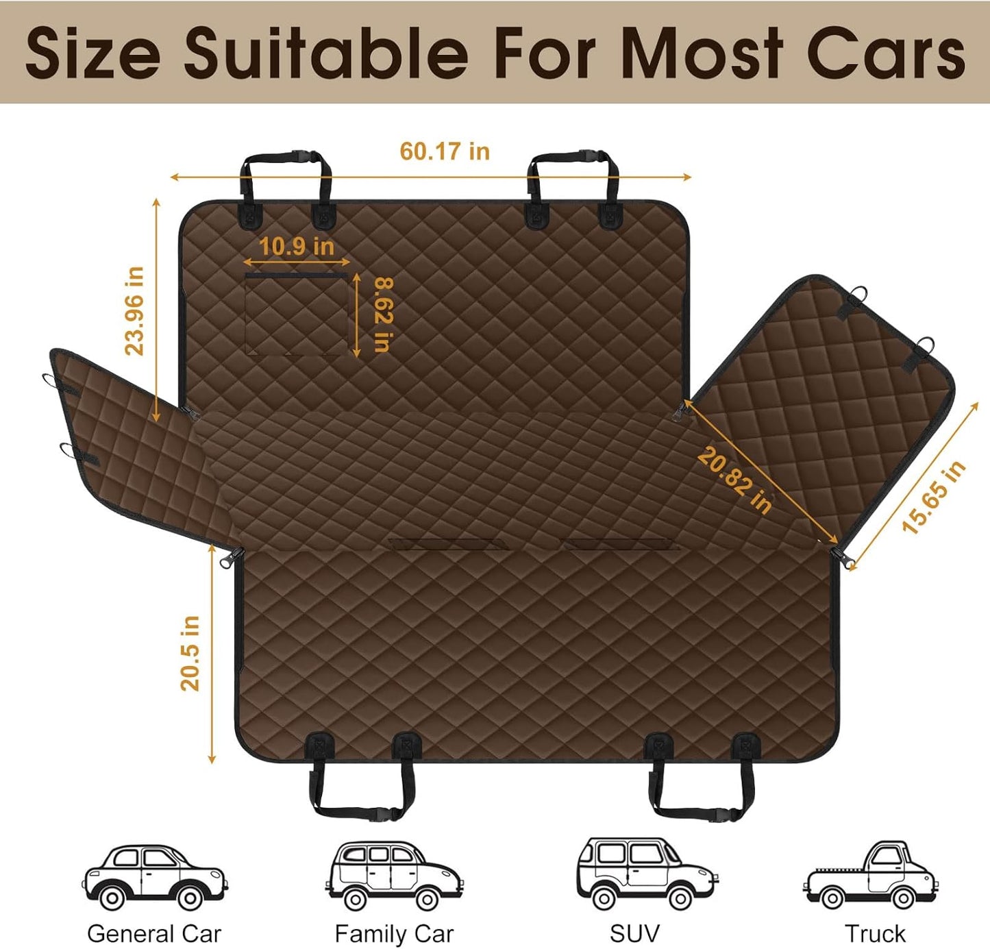 Waterproof Dog Car Seat Cover for Back Seat - Durable, Scratch Proof Pet Hammock with Nonslip Design & Storage Pockets, Fits Cars, SUVs, Trucks - L, Coffee/Black