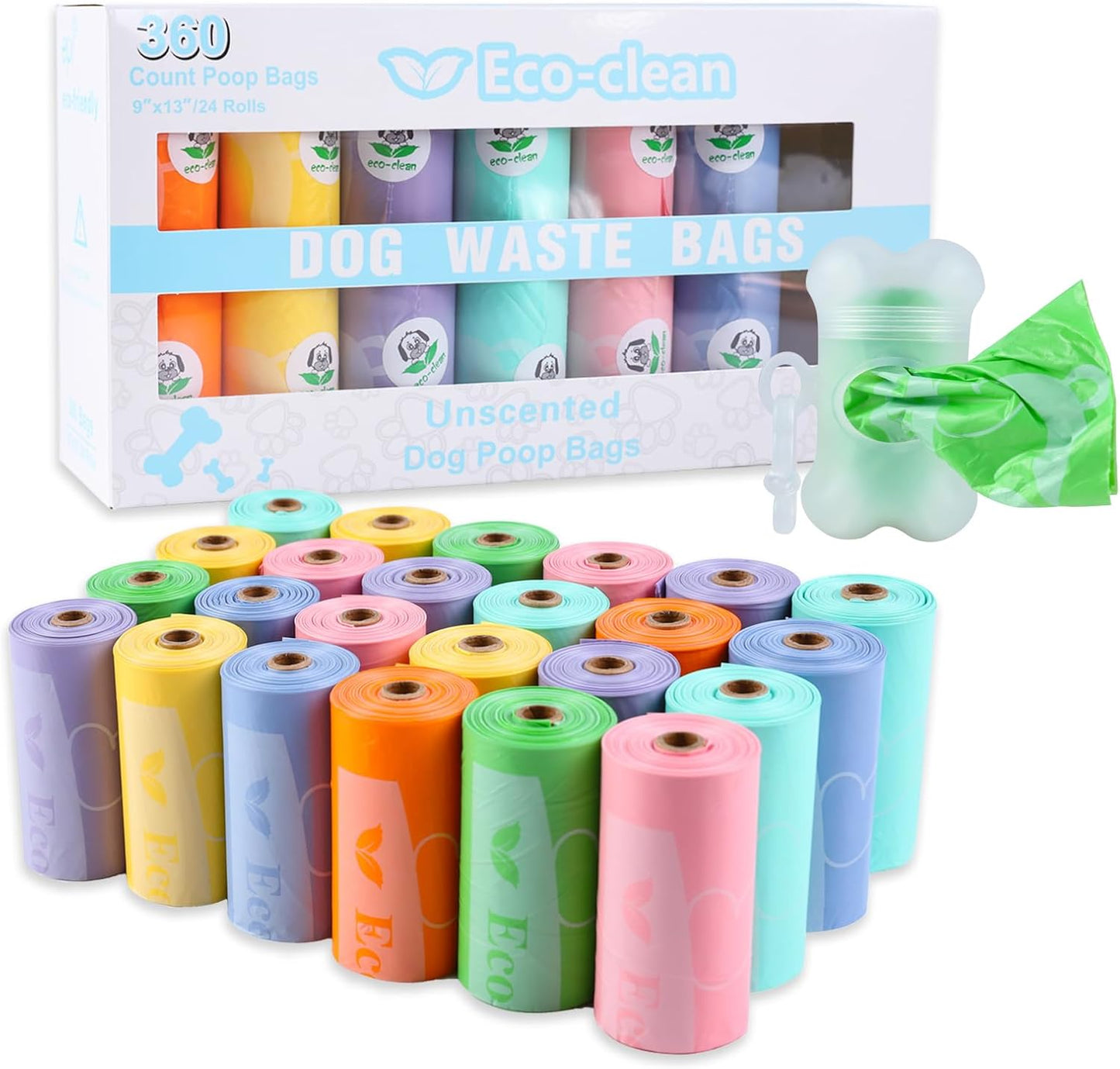 ECO-CLEAN 360 Count Dog Poop Bags with Dispenser, Leak-Proof, Unscented, 0.2 Ltr Capacity, Indoor/Outdoor Use