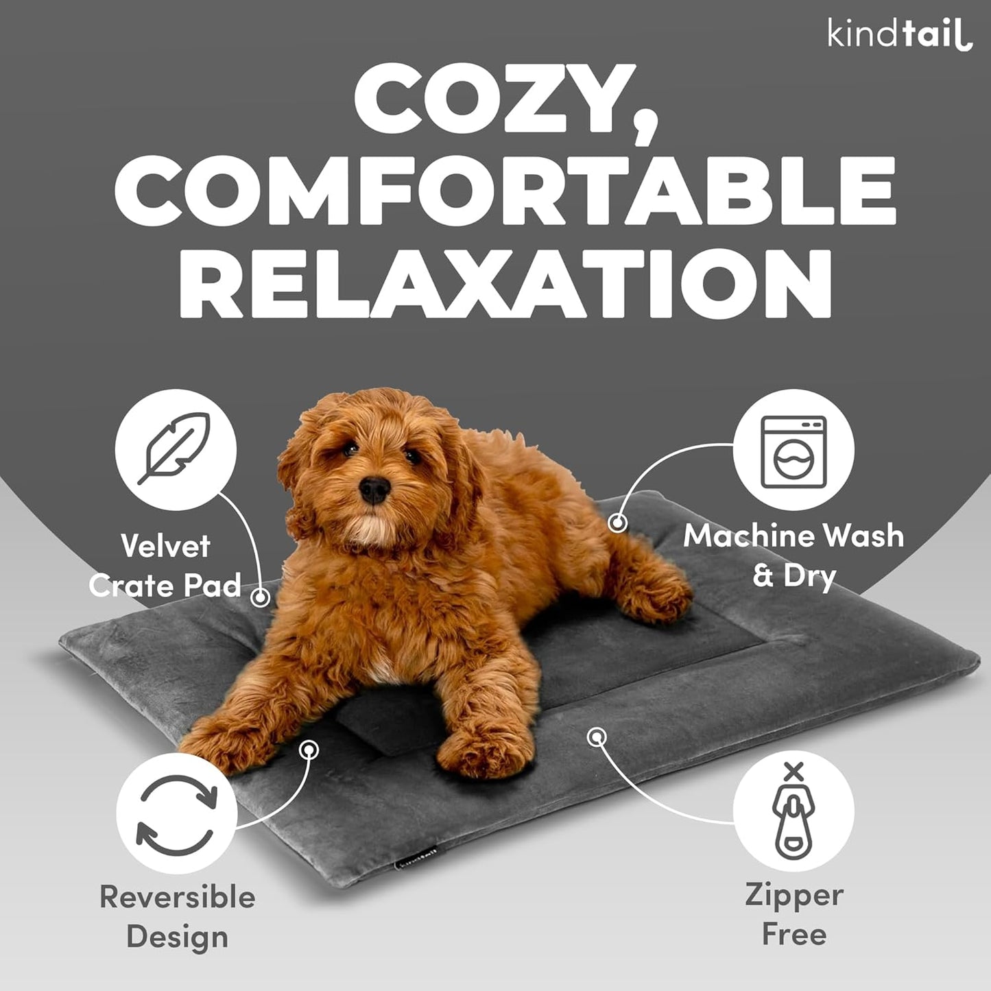 KindTail Dog Crate Pad - Soft Velvet, Reversible Bed - Machine Washable Kennel Mat for Pets up to 15 lbs, Mattress for Cozy Sleeping - 20” x 15” x 1” (Dark Grey, Small)