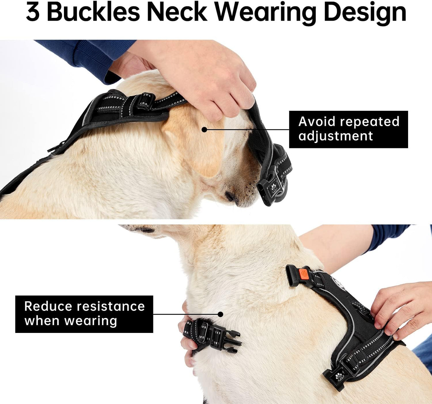 IVY&LANE No Pull Dog Harness for Large Dogs, Dog Vest Harness with Leash, Safety Belt and Storage Strap, Fully Adjustable Harness, 360° Reflective Strip, Soft Handle (Black, XL)