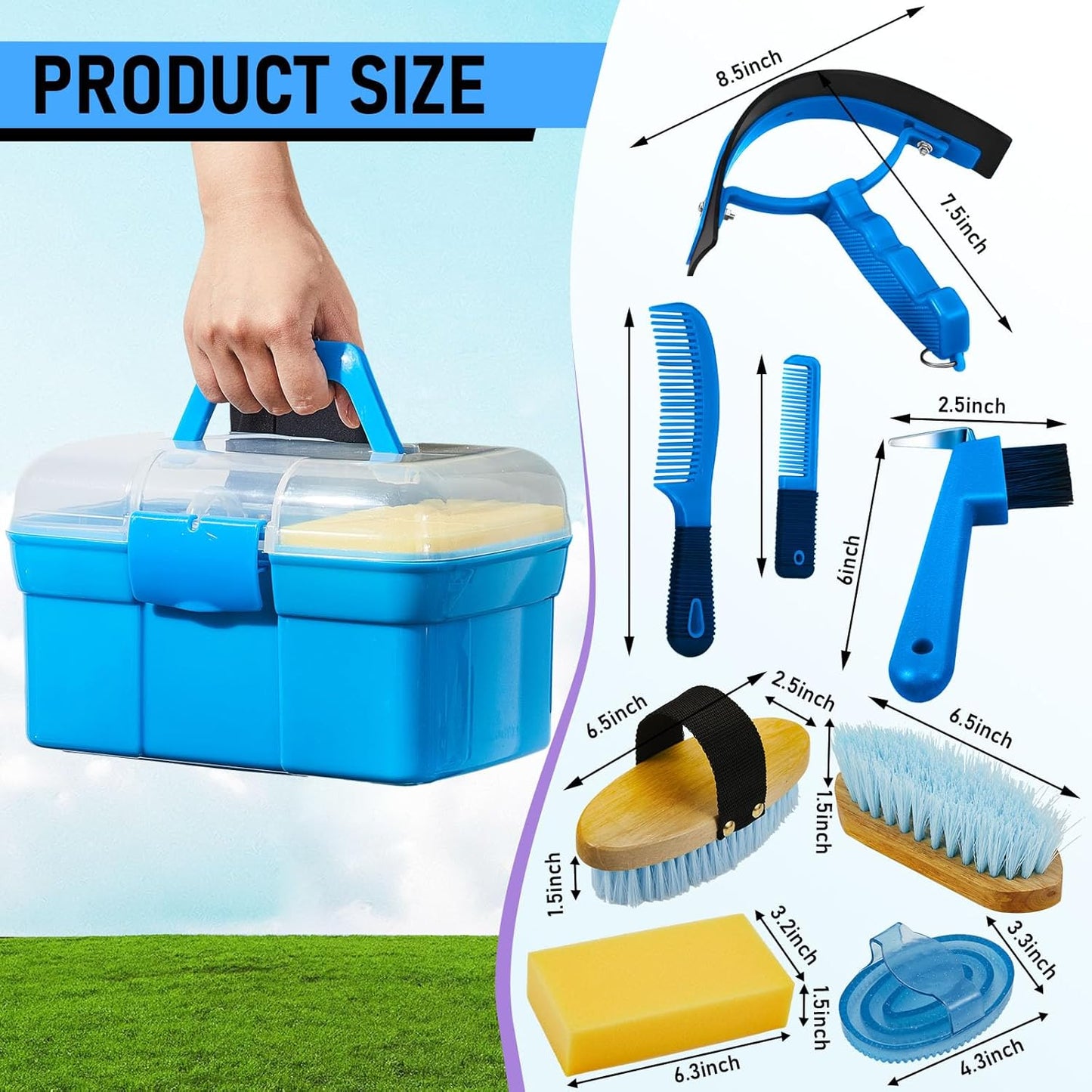 Cunhill 9 Pieces Horse Grooming Kit Tack Room Supplies Set with Organizer Tote Box, Oval Massage Curry, Hard and Soft Brush, Hoof Pick, Sweat Scraper, Bathing Sponge, Combs for Horse Riders Beginners