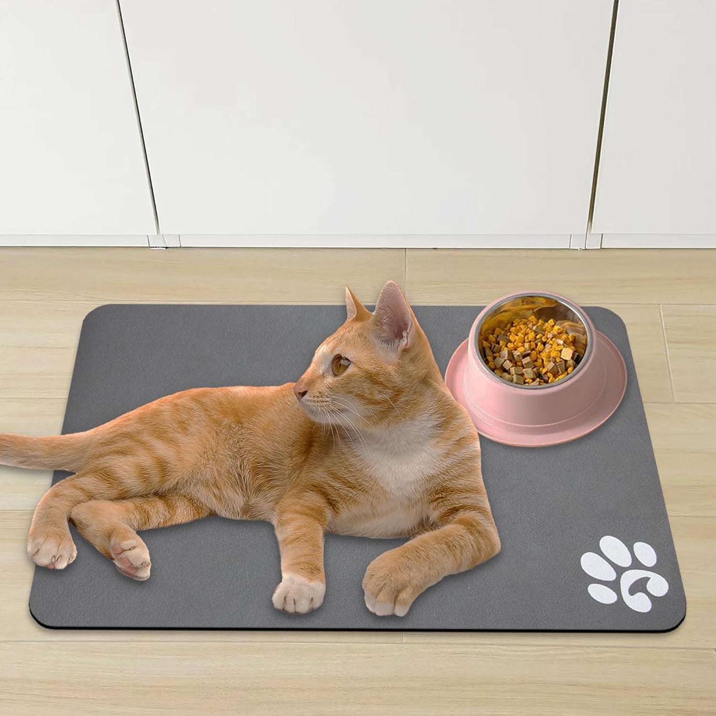 YCT Pet Food Mat for Dogs and Cats - Non-Slip Super Absorbent Feeding Bowl Mat With Footprints Logo - 24 x 16.9 Inches, Brown