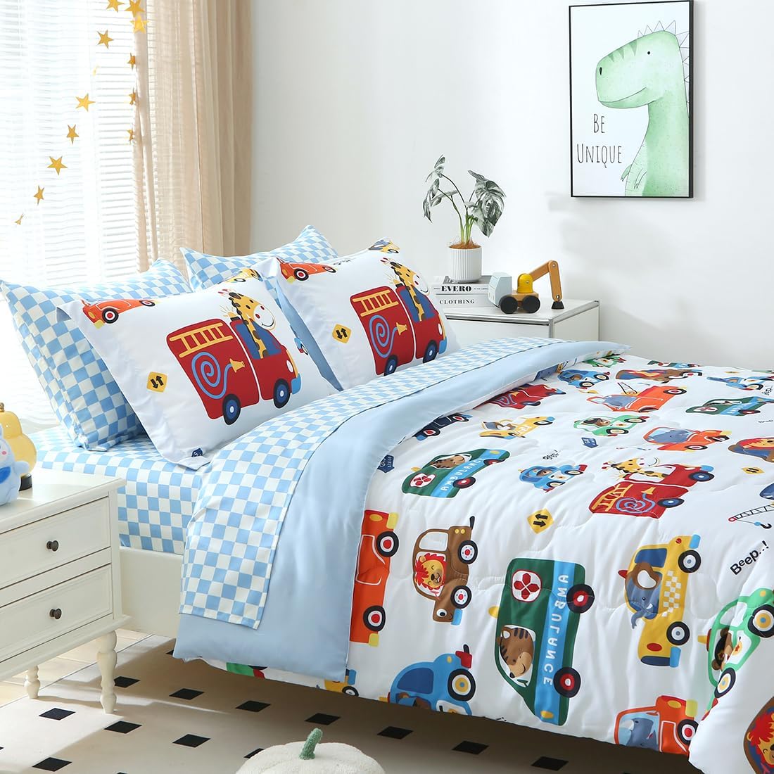 Kids Cars Animal Comforter Set Full Size for Boys Girls Teens 7 Piece Cartoon Construction Fire Truck Excavator Police Ambulance Lion Cat Dog Elephant Bedding Set Bed in A Bag,Colourful