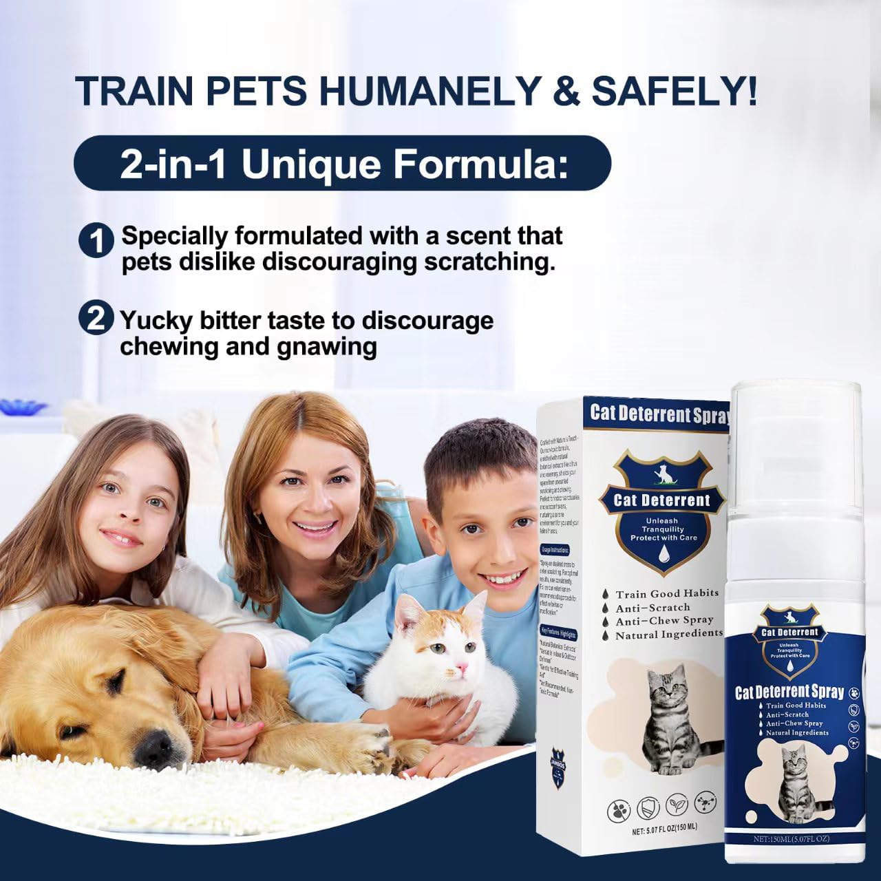 Cat Deterrent Spray - Safe Indoor & Outdoor Deterrent for Furniture Protection, Effective Training Aid with Natural Ingredients - Non-Toxic Anti-Scratch Formula (Blue, M)