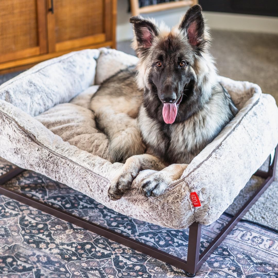 FUZI Luxury Aesthetic Dog Bed for Medium Dogs with Washable Cover, Pet Couch, Pet Bed with Sides, Non-Slip Bottom, Soft and Durable Calming Dog Bed, Faux Rabbit Fur, Medium 31.75x23.6x9.5 Light Grey