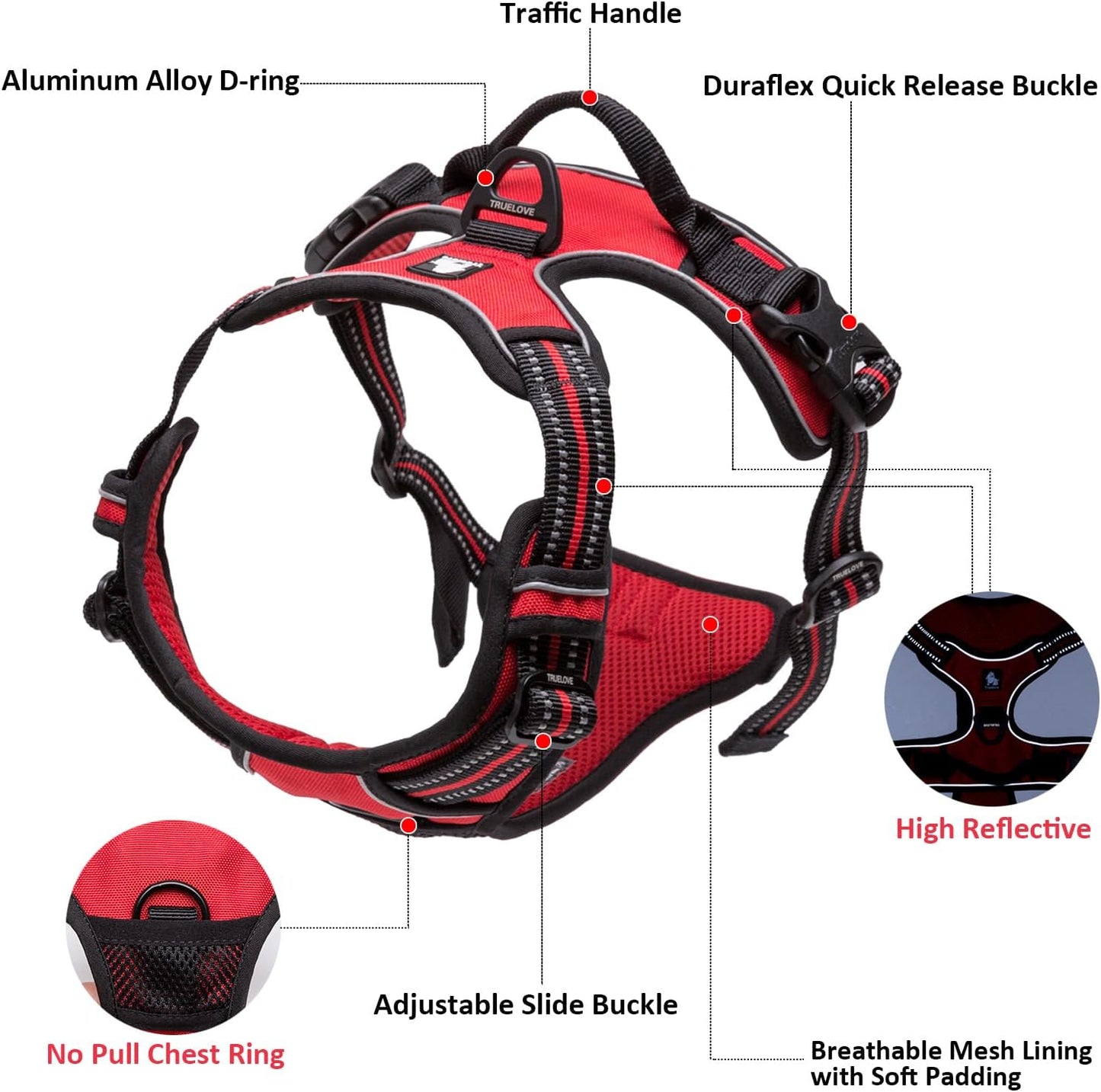 TRUE LOVE Truelove Adjustable No-Pull Dog Harness Reflective Pup Vest Harnesses Comfortable Control Brilliant Colors TLH5651(Black,XL)