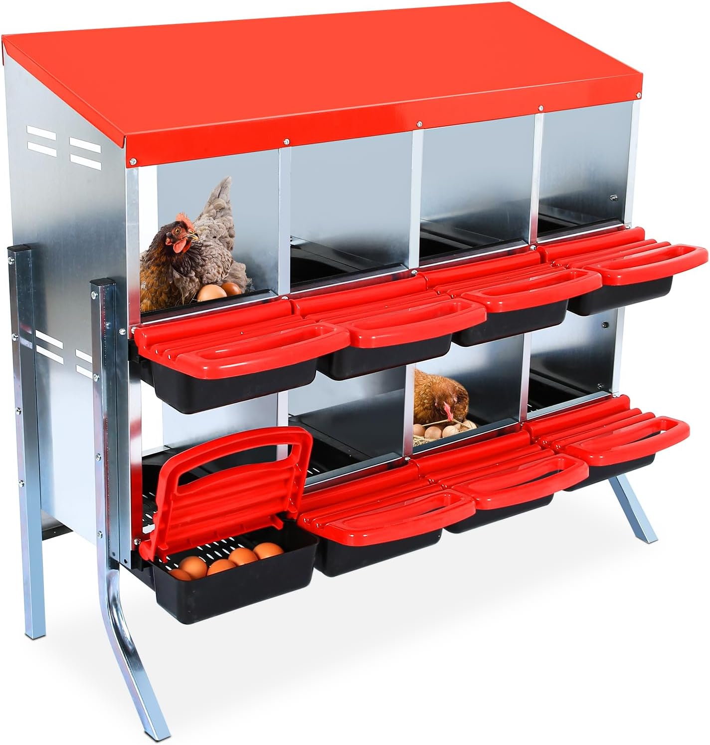 Chicken Nesting Box, 8 Hole 2 Layer Hen Nest Boxes with Legs, Roll Away Eggs Laying Boxes,Cleanable Pull Out Hen Roosting Boxes