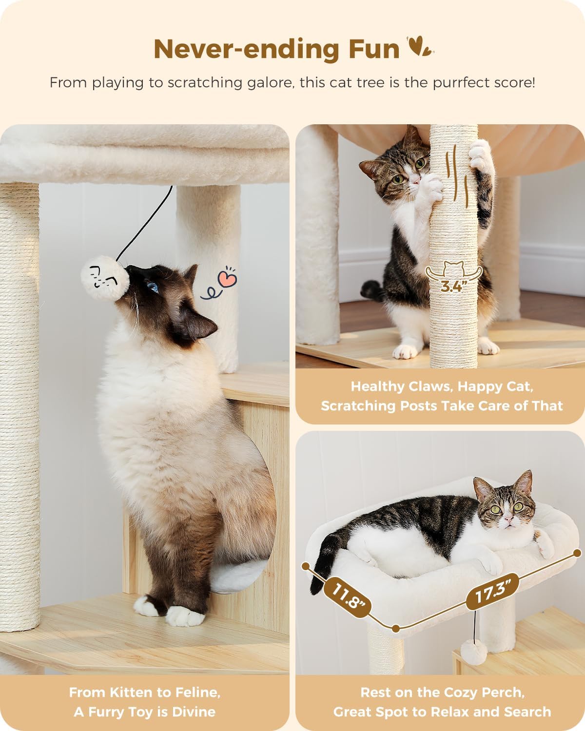 PETEPELA Wood Cat Tree for Indoor Cats Multi-Level Tower with Sisal Covered Scratching Posts, Cozy Condo, Super Large Hammock and Plush Perches Faux Rabbit Milk Fur Beige Rabbit Fur Wood Beige