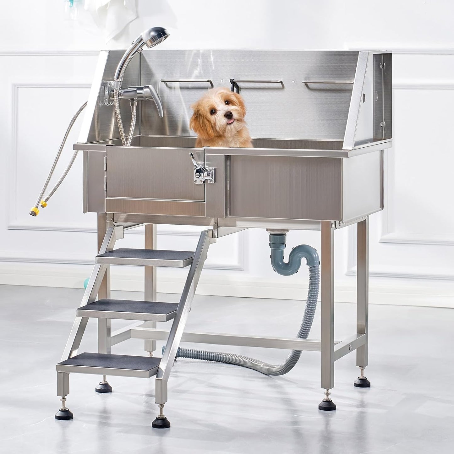 Albott 34 Inch Stainless Steel Dog Washing Station with Non-Slip Steps, Sprayer, Faucet, Tow Rope – Professional Pet Bathtub for Small Dogs, Great for Home, Garage, Salon (Left Door)