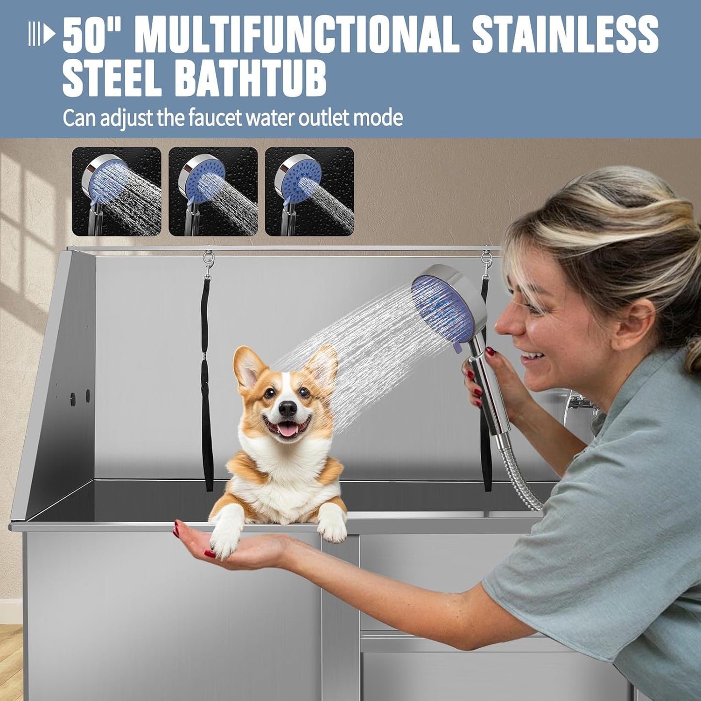 Dog Washing Station 38'' Stainless Steel Pet Grooming Tub for Large Dogs Over-Size Professional Dog Grooming Bathtub Station Wash Shower Sink Pet Grooming Bathtub Station