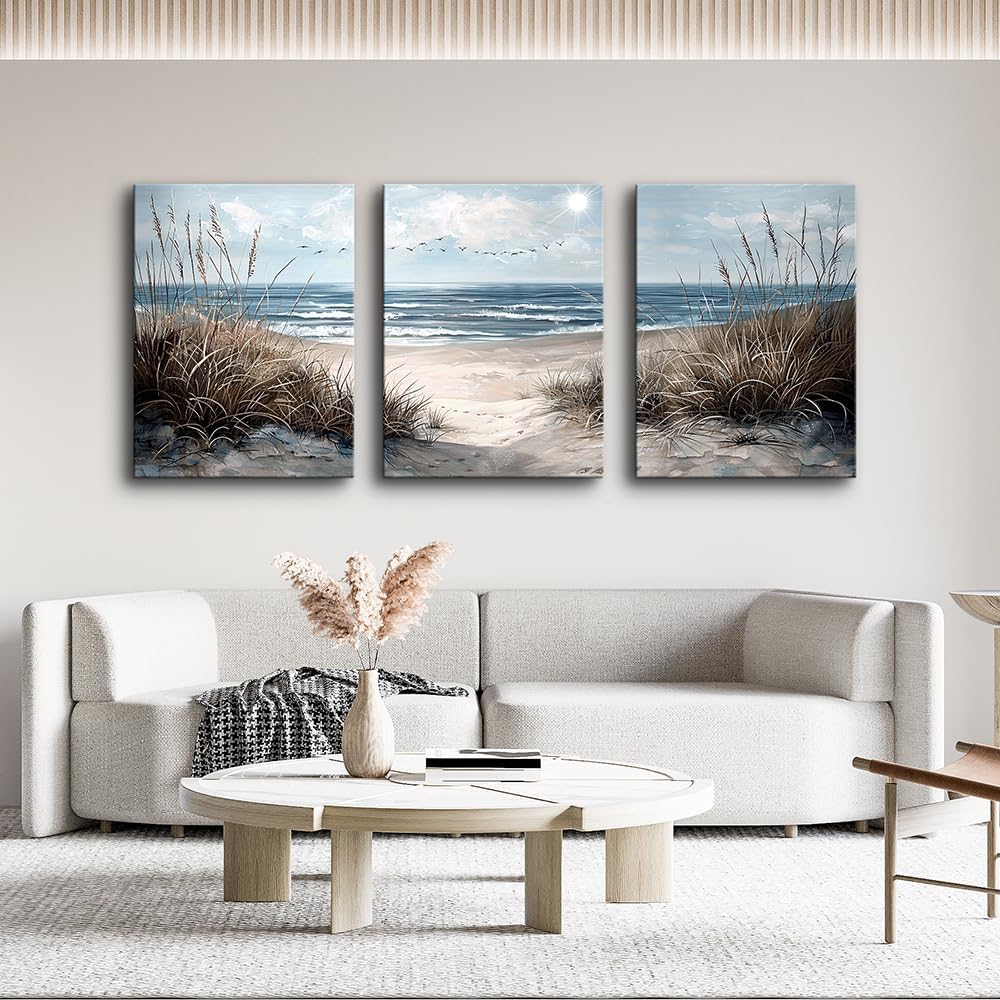 TTHYUEWS Canvas Wall Art For Living Room Wall Decor For Bedroom Modern Office Canvas Art Office Decor Blue Sea Beach Wall Paintings Prints Pictures Artwork Ready To Hang Home Decor 20" X 28"3 Piece