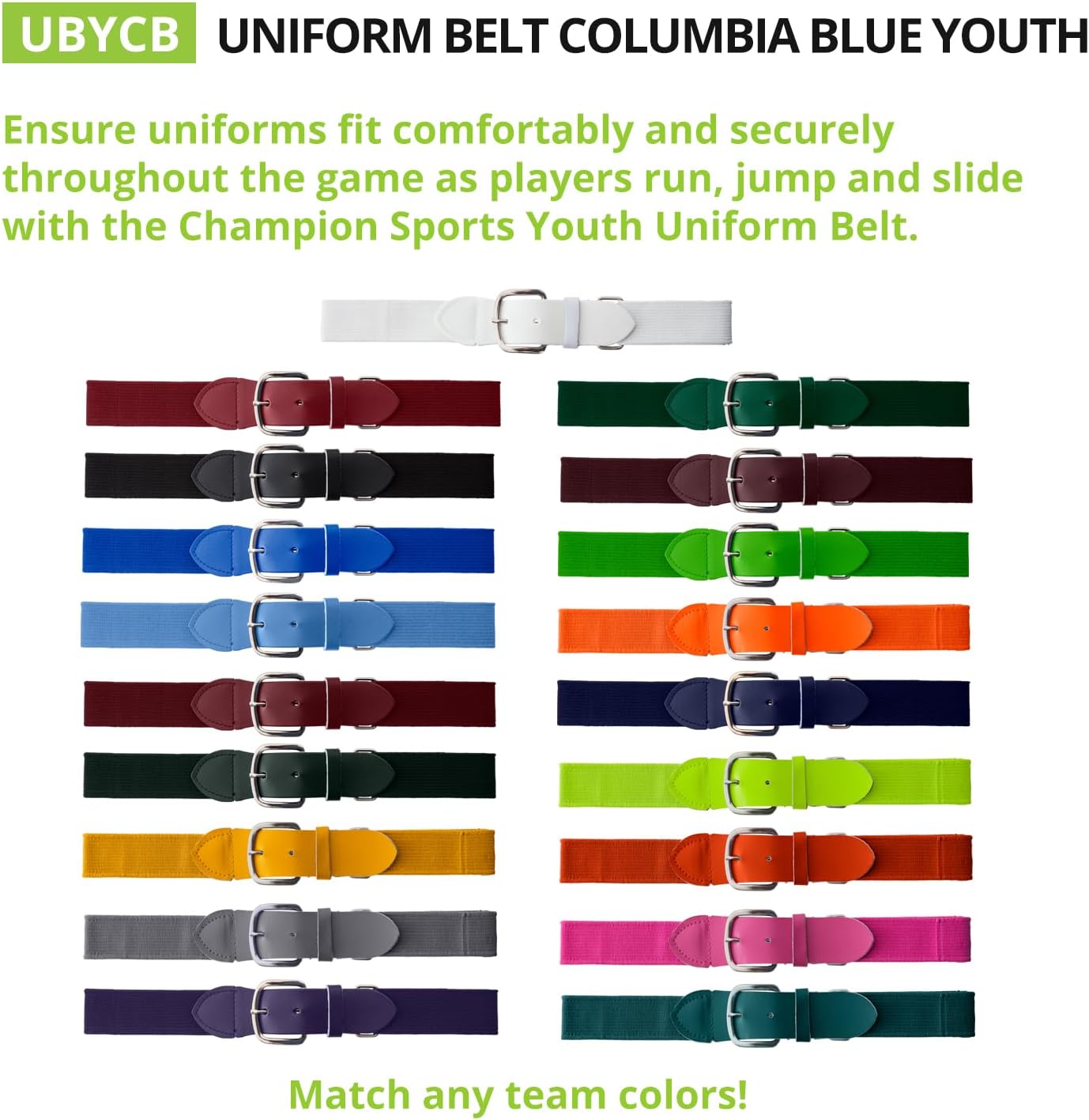 Champion Sports Baseball/Softball Uniform Belt, Comfort Stretch Fit Durable Syntex Tab - Youth & Adult Sizes, Multiple Colors