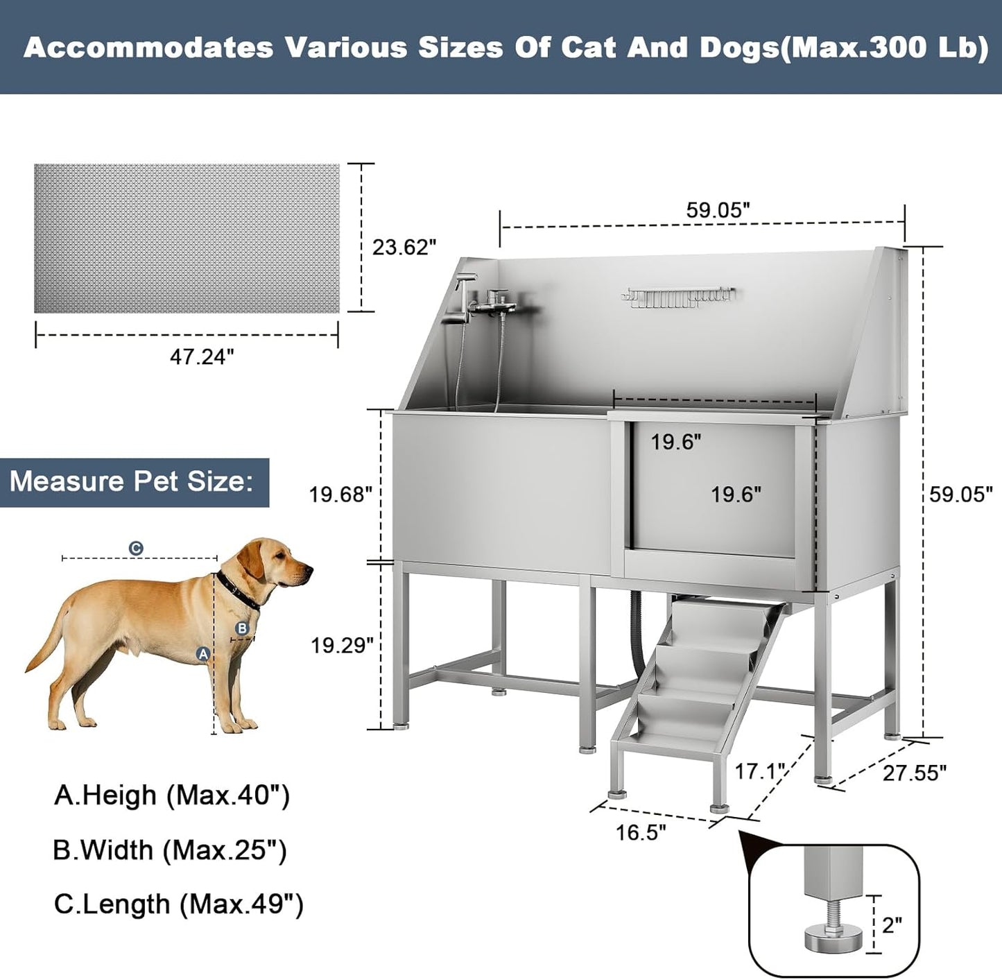 CuisinSmart 62" Dog Bathtub for Large Dogs, Professional Dog Washing Station with Dog Wash Attachment, Dog Bath Pool for Outdoor, Indoor Shower and Grooming (62" Right Door)