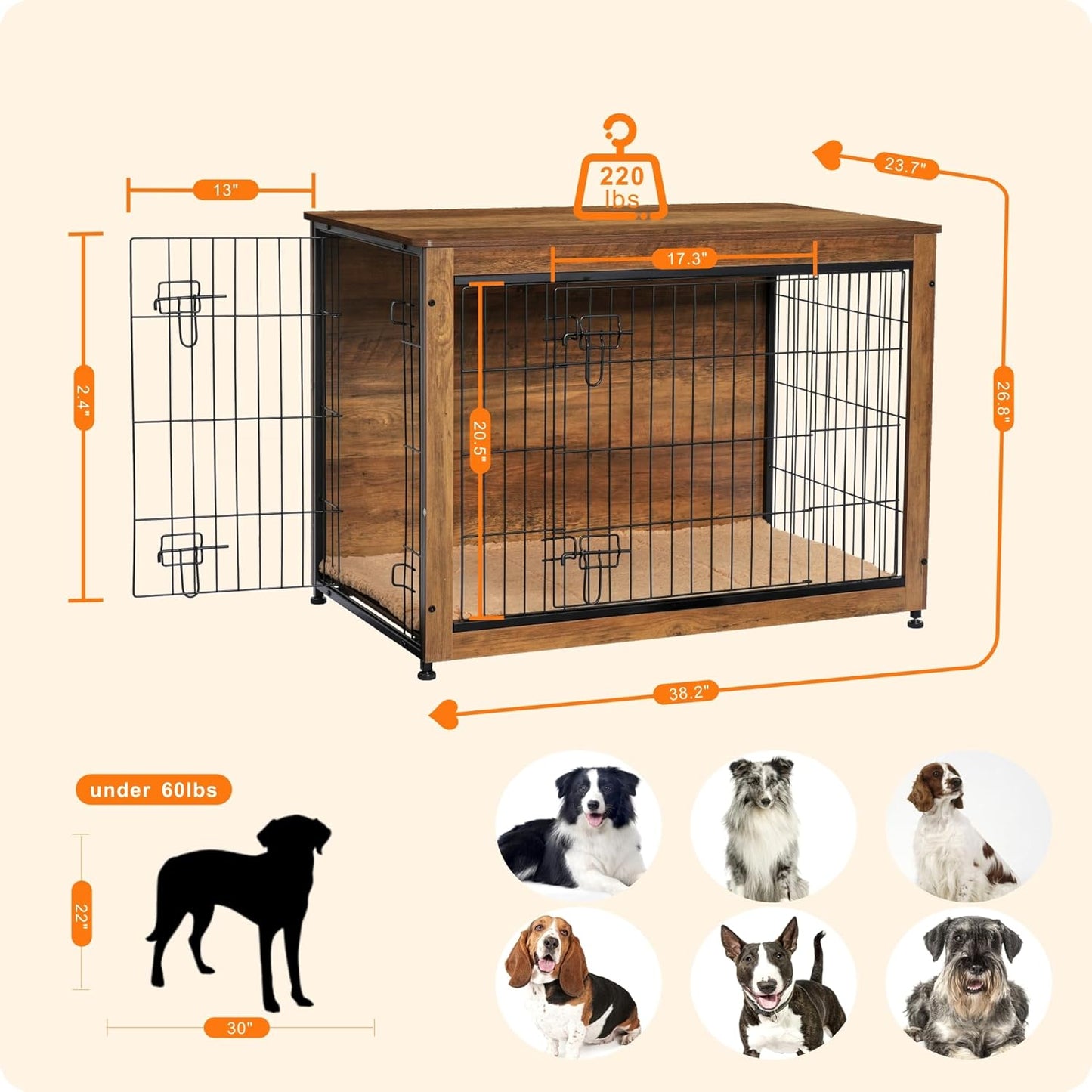 DWANTON Dog Crate Furniture with Cushion, Wooden Kennel Table with Double Doors, Indoor Dog House, Large Size, 38.5" L, Warm Brown