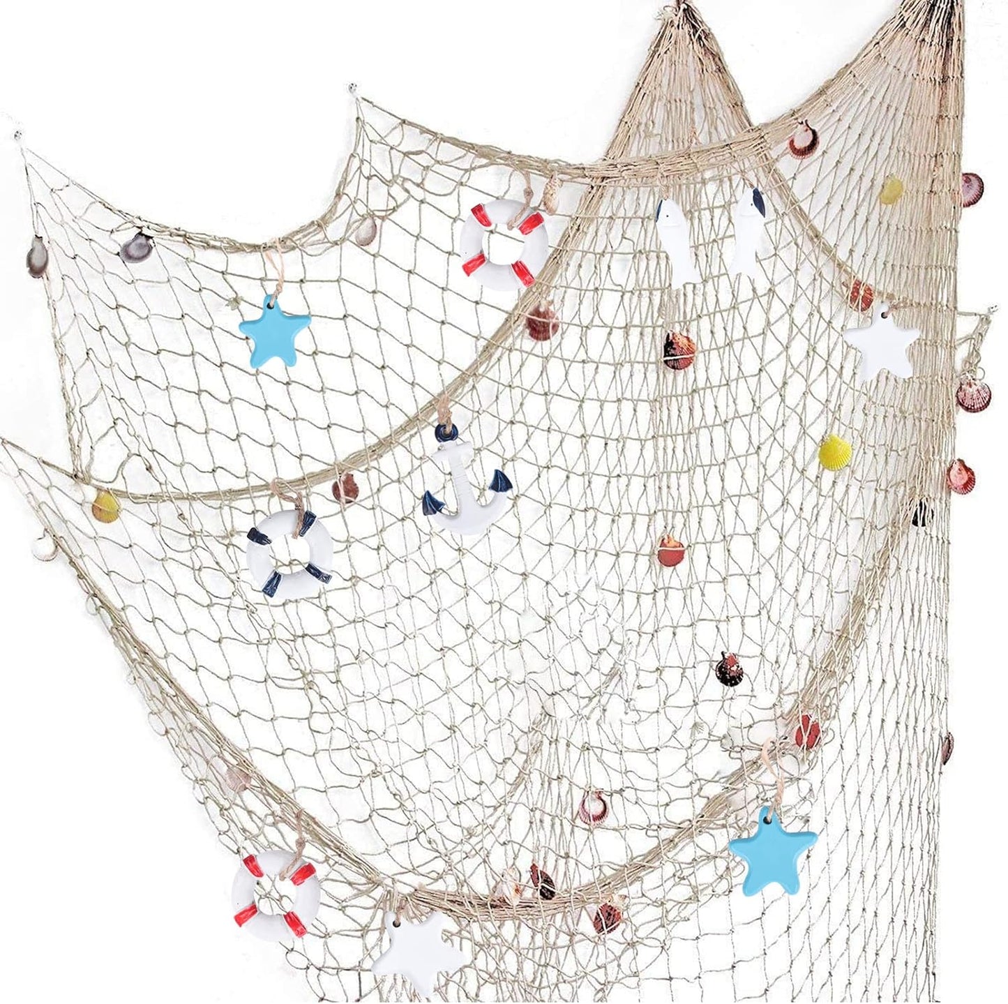 Nature Fish Net Wall Decoration with Shells, Ocean Themed Wall Hangings Fishing Net Party Decor for Pirate Party,Wedding,Photographing Decoration (2pack-Beige/Beige)
