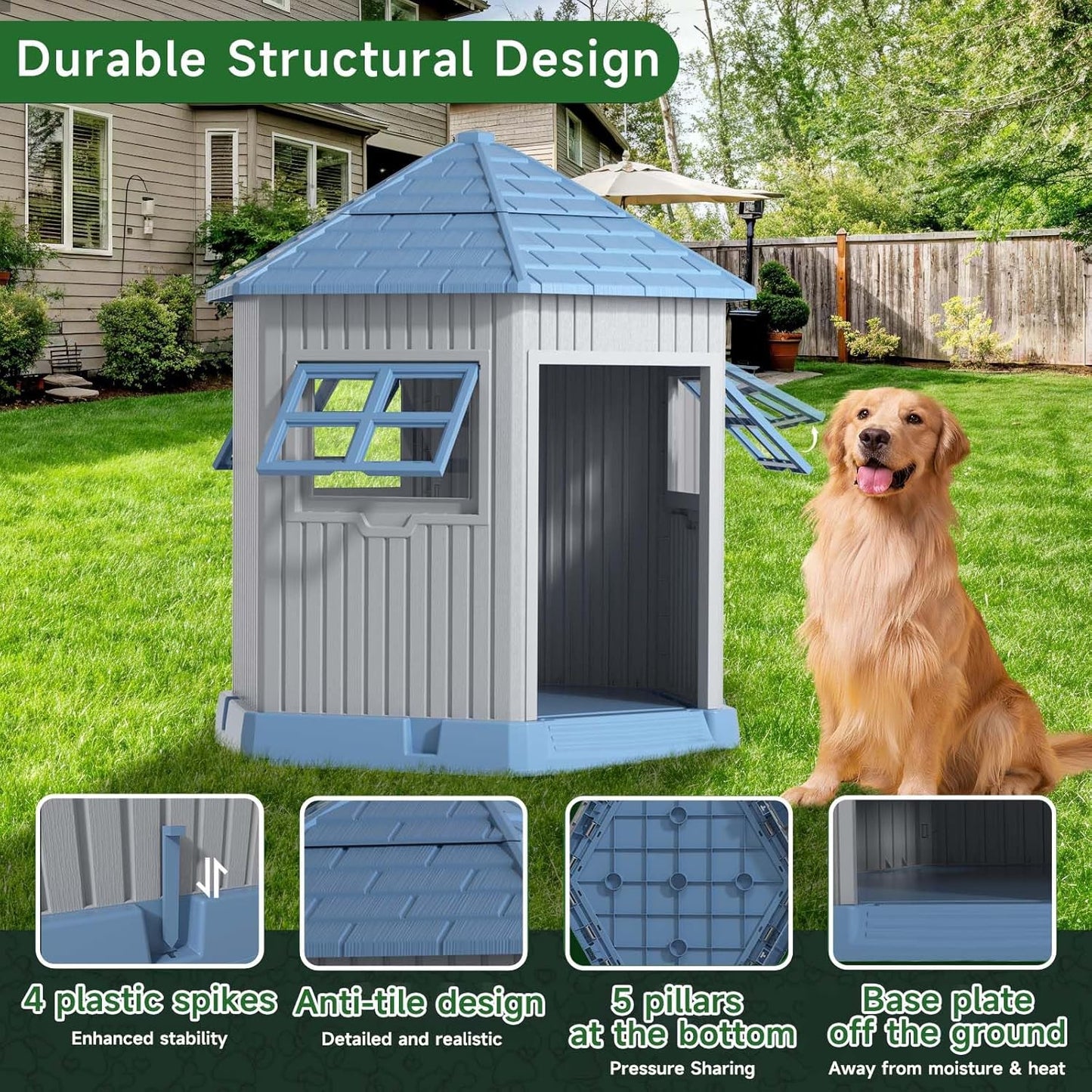 DRATO Dog House Indoor Outdoor Durable Large Dog Shelter with Outside Dog Kennel with Window and Elevated Floor for Small Medium Dogs (Blue, by)