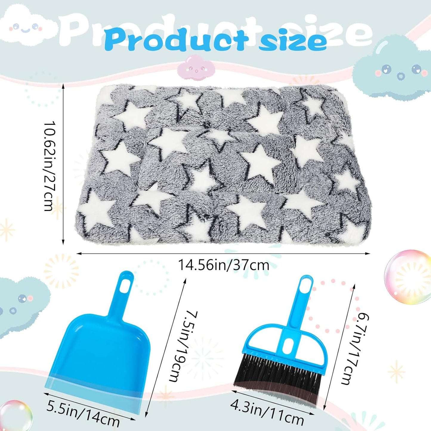 Yulejo 6 Pieces Guinea Pig Bed Mats with Cleaning Dustpan Brush Washable Plush Cage Lines Soft Fleece Sleeping Bedding Pads for Hamster Bunny Chinchilla Squirrel Small Animals (Cute Color, Star)
