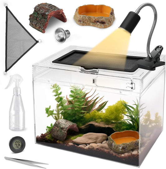 AZV Habitat Terrarium Enclosure,Small Reptile Tank with Bearded Dragon Hammock,Heat Lamp,Hide Cave for Small Reptiles,Amphibians,Lizard,Mantis,Spider,Leopard Gecko,Corn Snake,Turtle,Frog,Chameleons