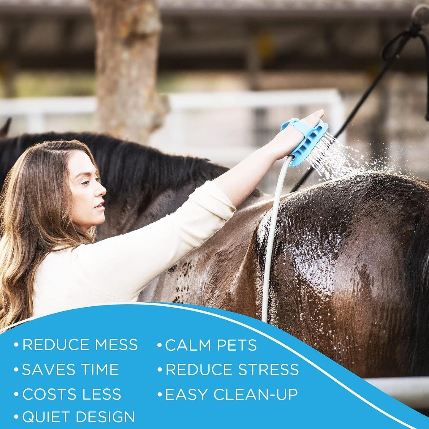 Aquapaw 5-in-1 Horse & Dog Bath Brush & Curry Comb - XL Blue Silicone - Includes 3-ft Shower Hose Attachment & Adapter - Adjustable Spray Scrub Massager - Dog Grooming Supplies