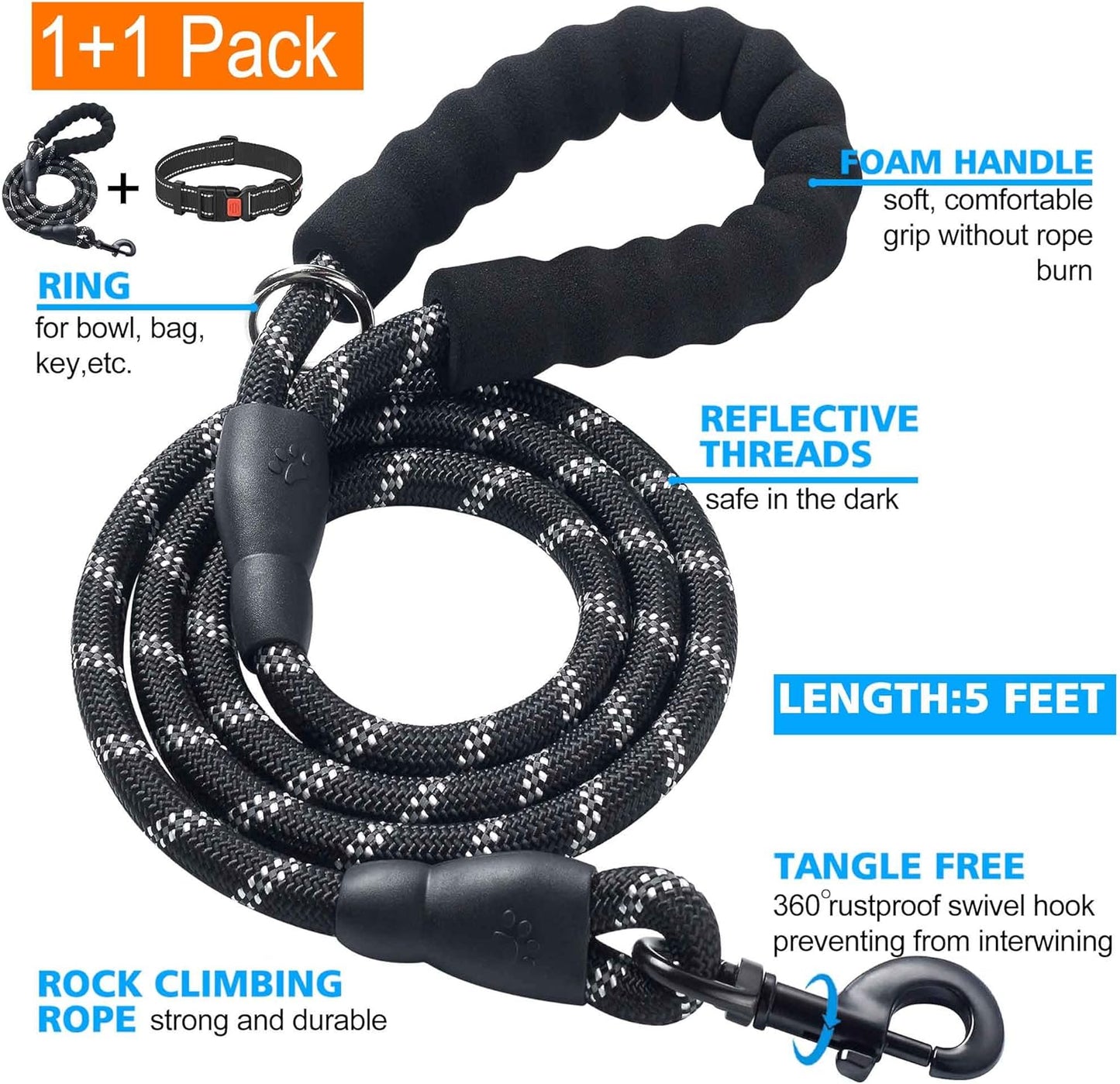 Heavy Duty Dog Leash - Comfortable Padded Handle, 5 ft Long - Dog Leashes for Small Medium Large Dogs (Leash+Collar S Neck 13.5"-16", Black)