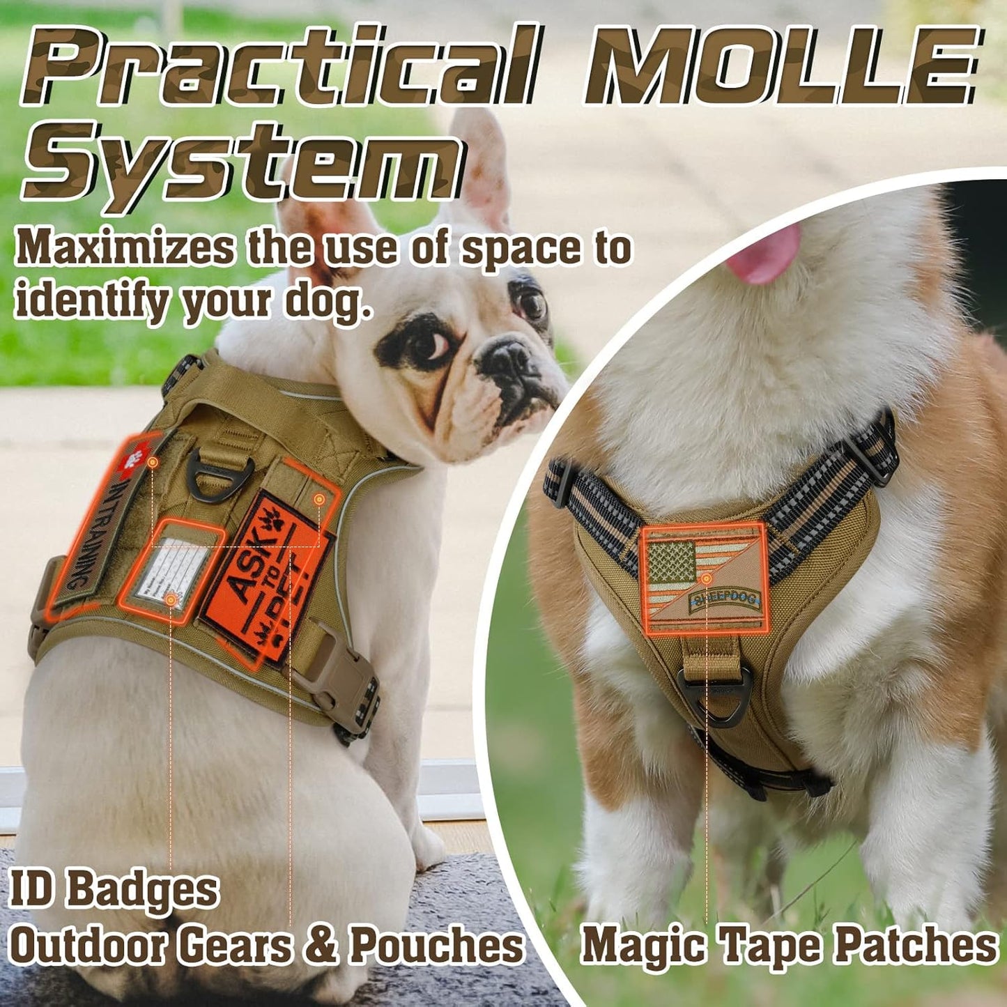 rabbitgoo Tactical Dog Harness for Small Dogs, No Pull Military Service Vest with Handle & Molle, Easy Control for Training Walking, Adjustable Reflective Straps, Brown, S