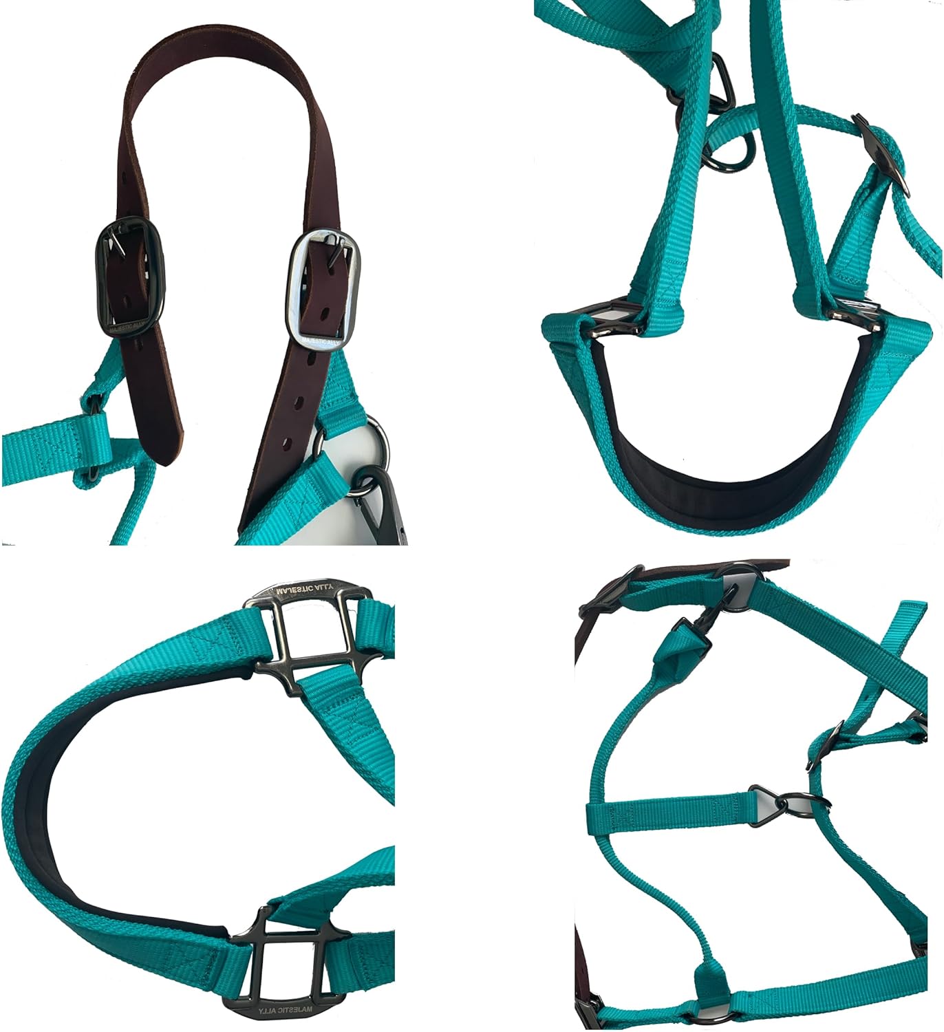 Majestic Ally Leather Halter with Matching Lead Rope for Horses – Leather Breakaway Crown - Adjustable Chin Strap – Rolled Throat Latch – Padded Noseband – Full (Turquoise-Black Nickel, Full)