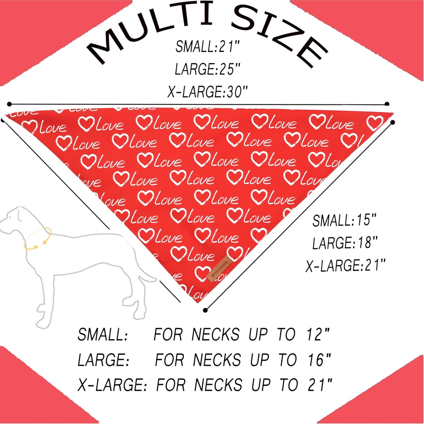 Realeaf Valentines Day Dog Bandanas 2 Pack, Reversible Love Pet Scarf for Boy and Girl, Premium Durable Fabric, Heart Bandana for Medium Large Dogs (Large)