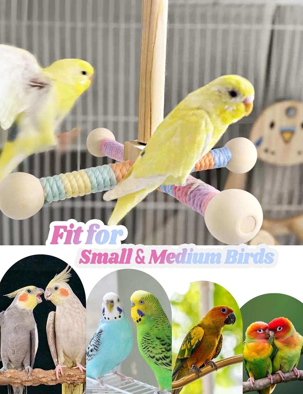 Bird Stand Perch Toy for Small & Medium Birds, 360° Rotating Natural Wooden Parrot Perchs for Bird Cages, Interactive Spinning Toy fo Parrot Parakeets Cockatiels Lovebirds Conures Finches Budgies