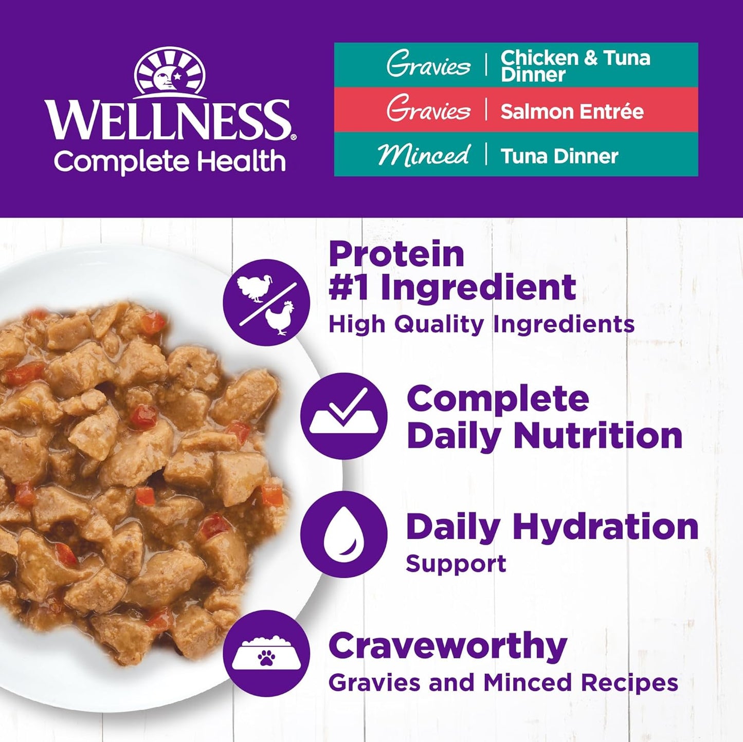 Wellness Complete Health Gravy & Minced Adult Wet Cat Food, Natural, Protein-Rich, Grain Free, 3 Ounce, 12 Pack, (Salmon, Tuna, and Chicken Variety Pack)