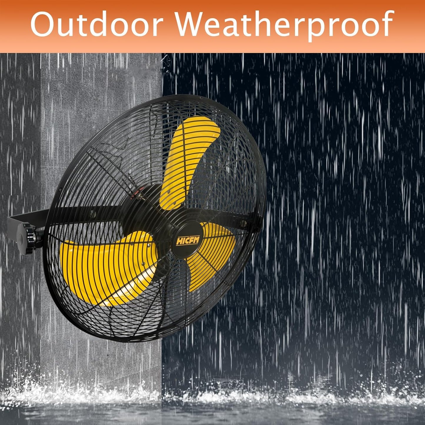 HiCFM 4600 CFM 18 inch Outdoor Safety Yellow Wall Mounted Fan with IP44 Enclosure Motor, Sealed Control Box, 9 FT Cord & GFCI Plug, 3-Speed Weatherproof for Patio, Workstation - UL Listed, 2 Pack