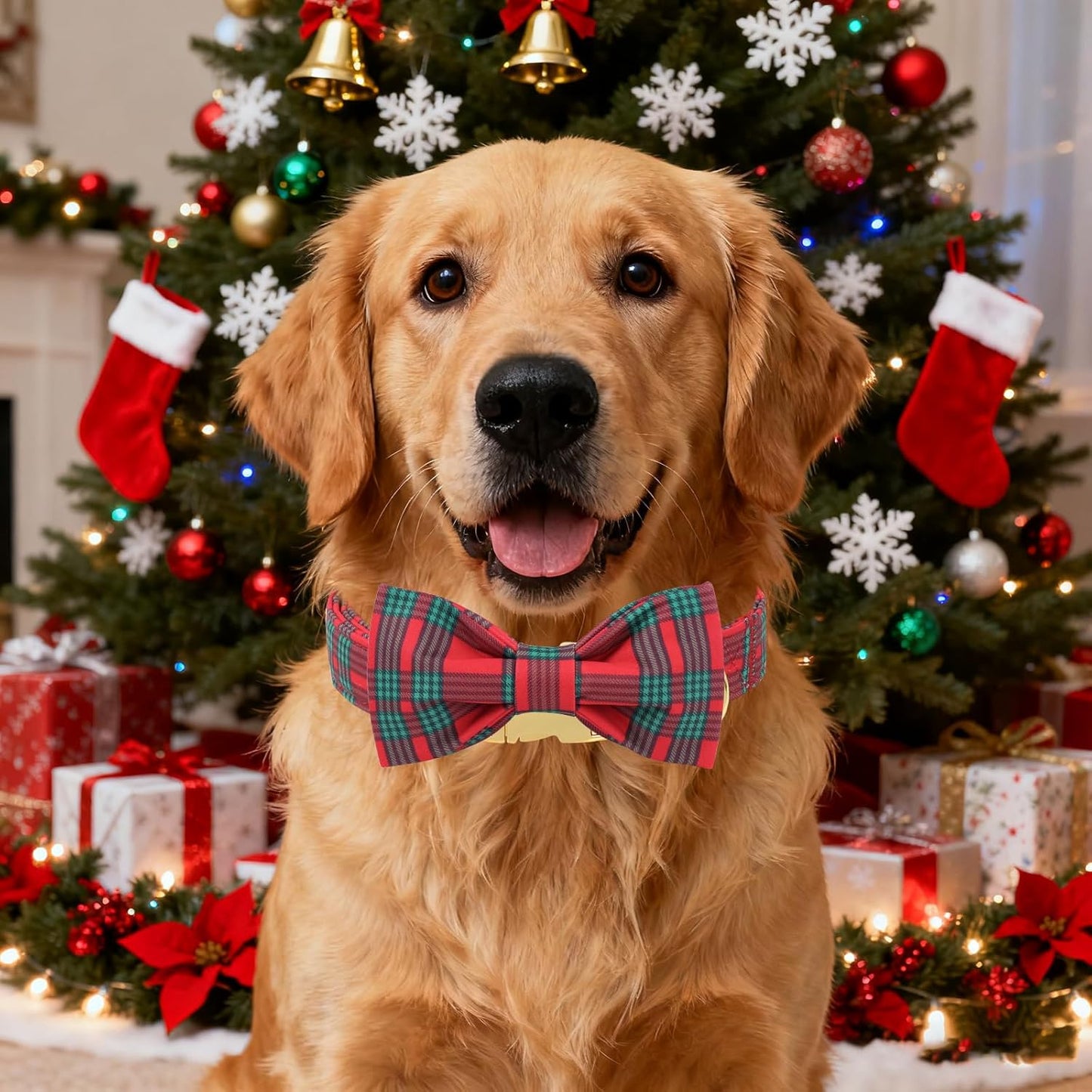 Unique Style Paws Christmas Dog Collar with Bow Red Green Plaid Cotton Puppy Collars for Small Medium Large Dogs