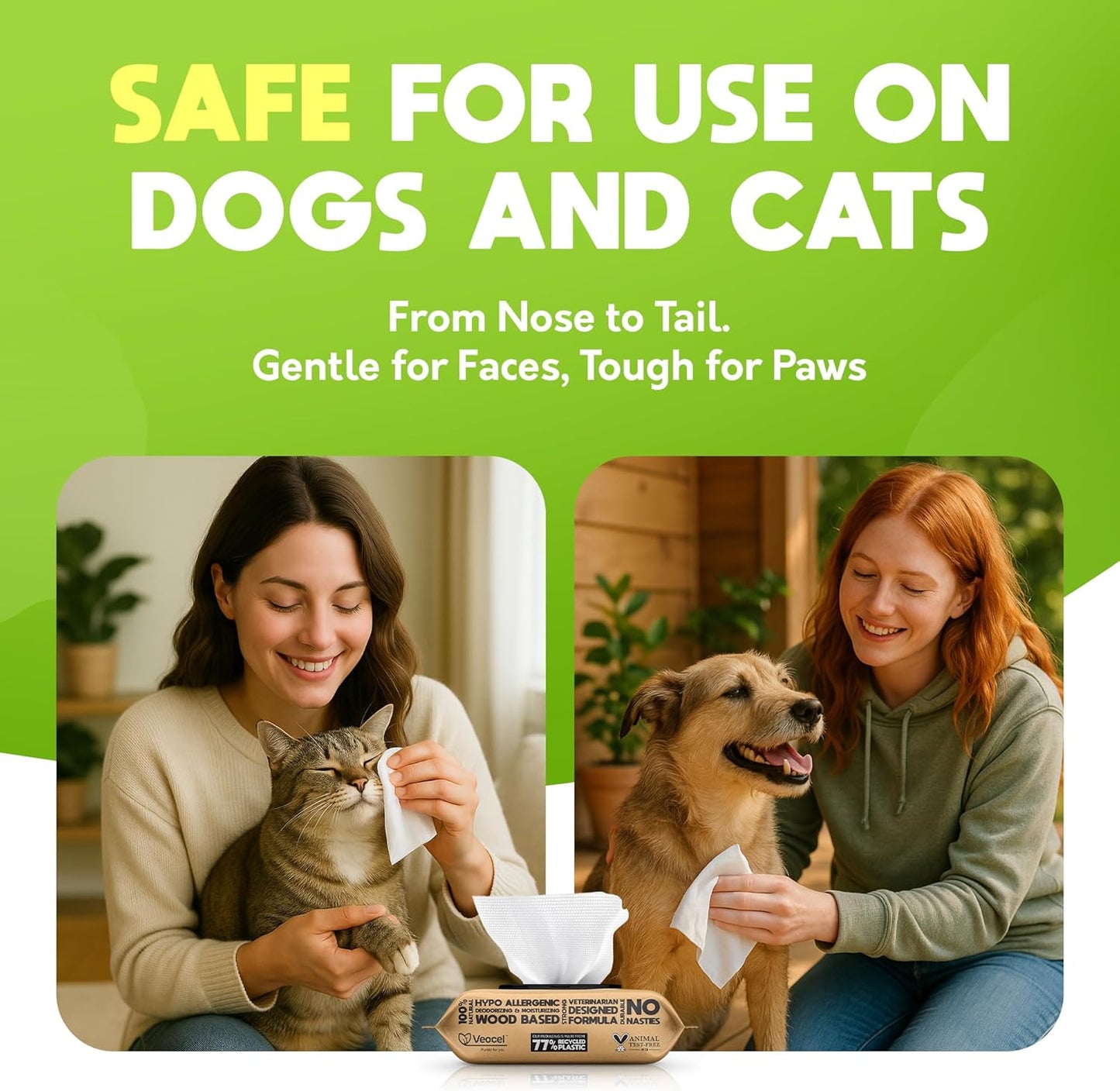 Lick-Safe Pet Wipes for Dogs & Cats - Vet-Approved & Hypoallergenic - Cleans Mud, Odors & Dander - Wipes for Paws, Face & Butt - 10% to Charity - Earth-Friendly & Unscented Cat Cleaning - Pack of 200