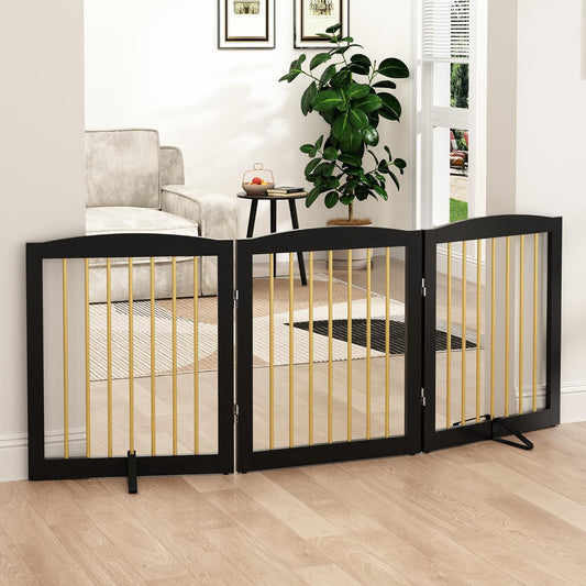 Freestanding Pet Gate for Dogs, Foldable Wooden Dog Gate for House, Indoor Dog Gate for Doorways, Stairs, Step Over Pet Puppy Safety Fence, Support Feet Included,24" Height 3 Panels,Black&Gold