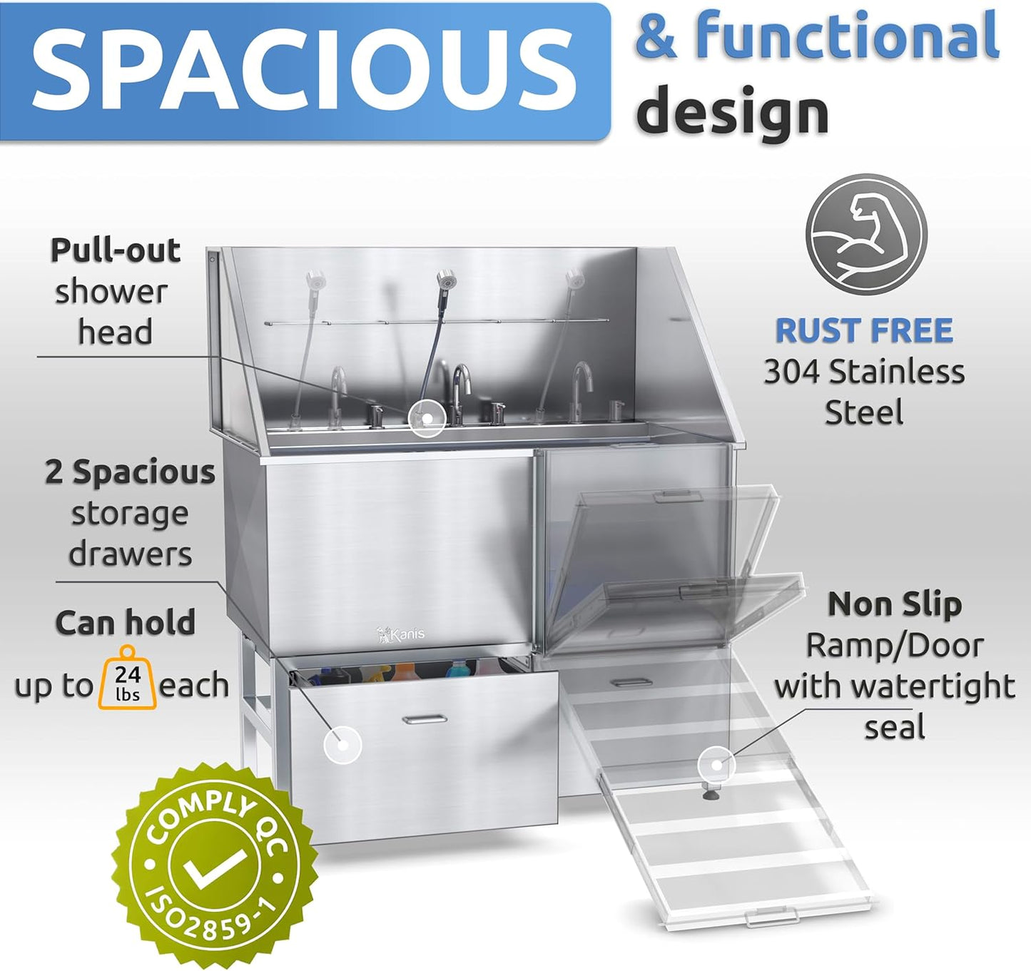 KANIS Professional Dog Washing Station - 304 Stainless Steel Pet Wash Sink & Grooming Bath Tub for Home with Ramp, Shower, Floor Grate, Storage Drawers, and Faucet for Large, Medium & Small Pets