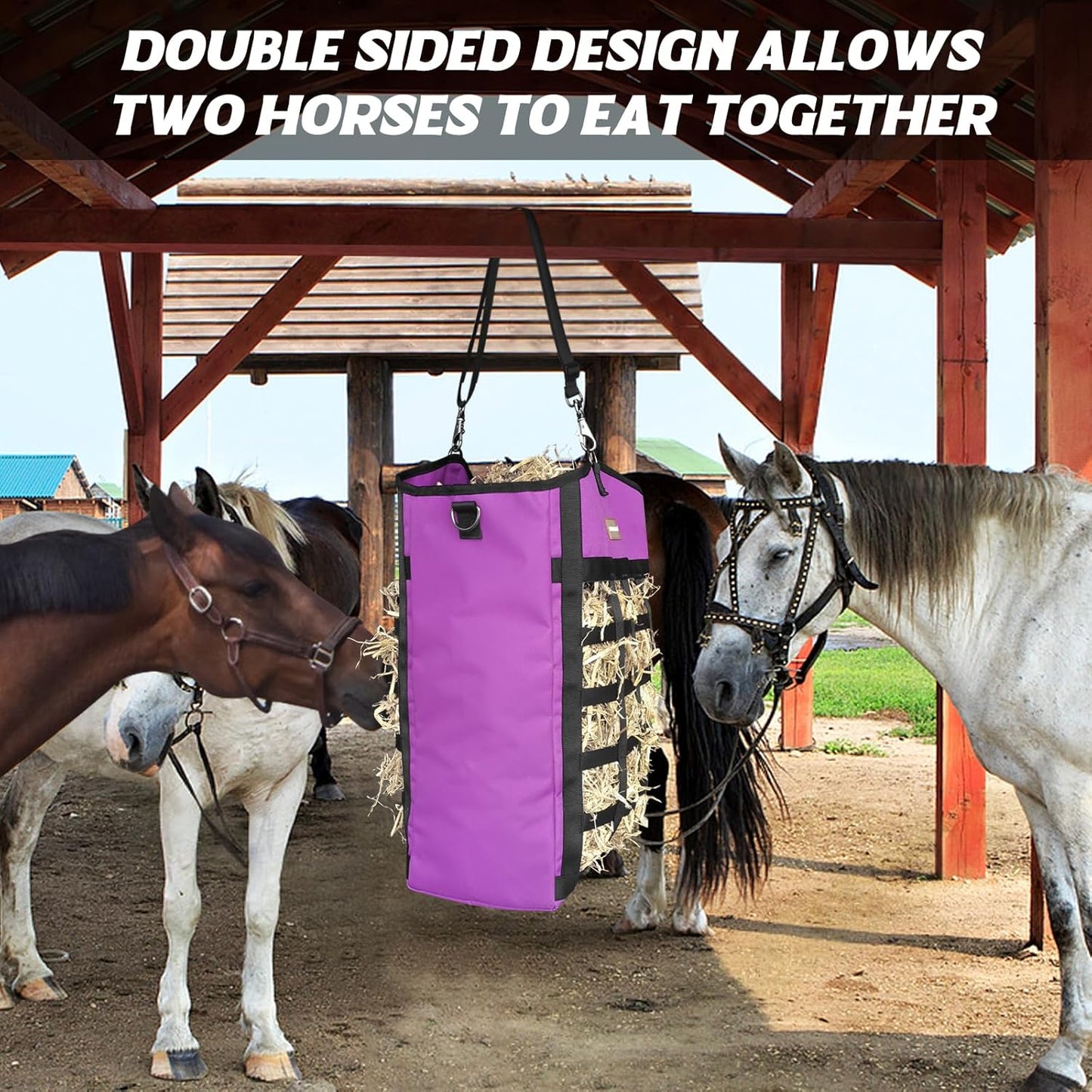 Innovative Hay Bags for Horses, Goat Hay Feeder with Reinforced Oxford Fabric and High Strength Metal Clasp,Horse Feeding Supplies with Adjustable Strap for Easy Hanging (2Purple+1Black)