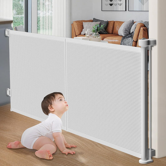 Upgrade Retractable Baby Gates, 35" Tall Extends up to 60" Wide, Mesh Dog Gate Indoor for Stairs, Outdoor Reinforced Pet Gate with Support Rods for Doorways Hallways Kitchen Bedroom, White