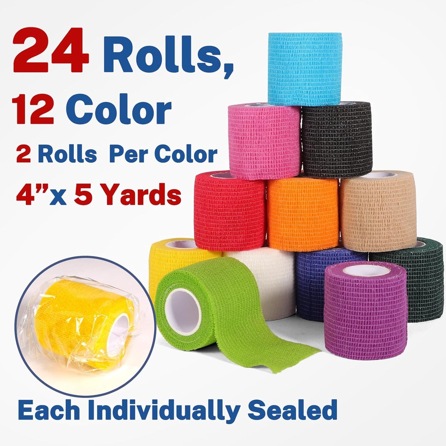 24 Pack Self Adhesive Bandage Wrap 2 Inch, Cohesive Medical Tape for Sports, Elastic Vet Wrap for Athletic, Ankle, Wrist Sprains, Pet First Aid