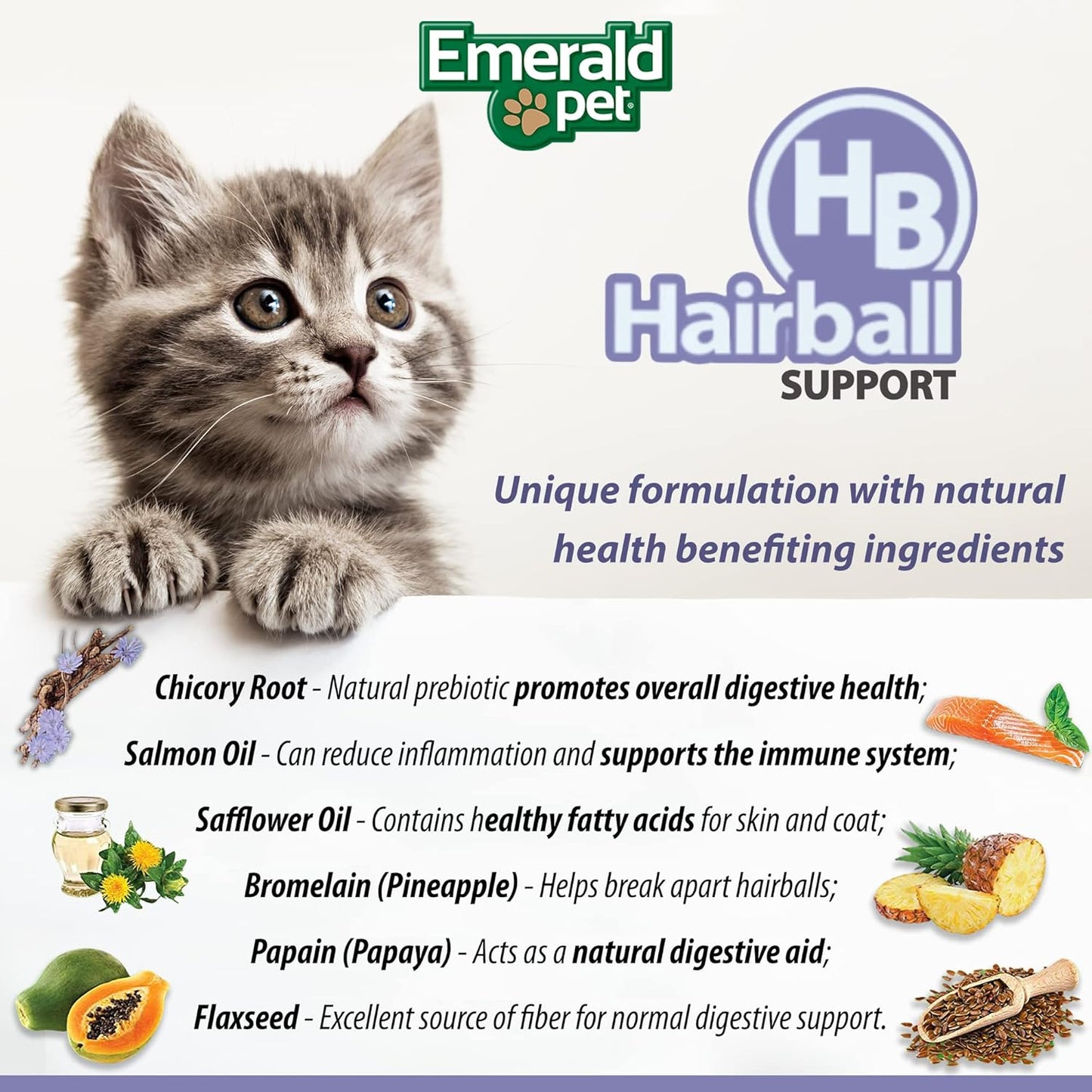 Emerald Pet Feline Health Chews Hairball Support — Natural Grain Free Feline Hairball Control Chews — Hairball Control Cat Supplements for Hairball Prevention and Elimination — Made in USA, 2.5 oz