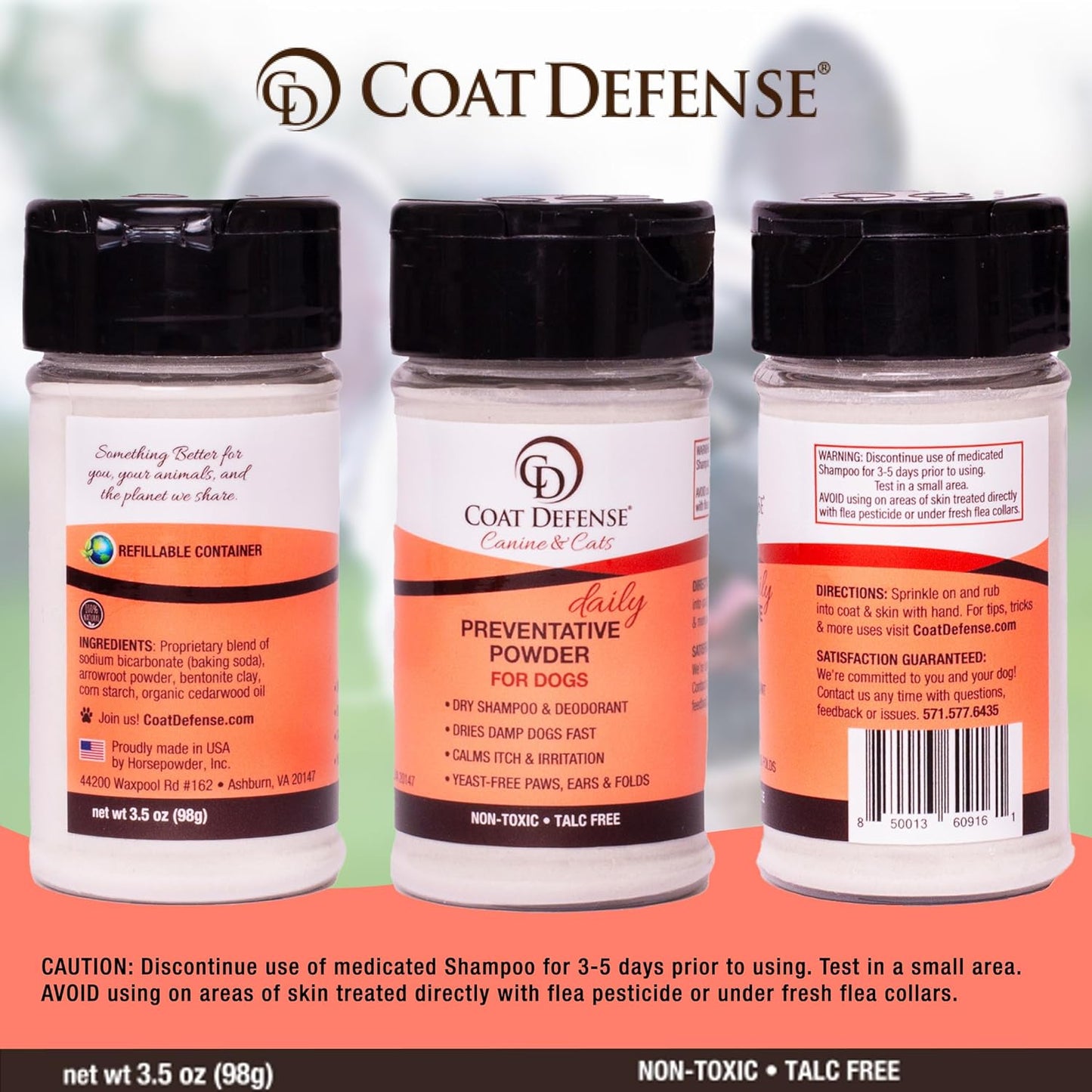 COAT DEFENSE Preventative Powder | Made in USA | 3.5oz Waterless Dog Shampoo & Pet Deodorizer for Smelly Dogs | Provides Anti Itch Relief | Dog Shampoo for Dry Itchy Skin & Smelly Dogs