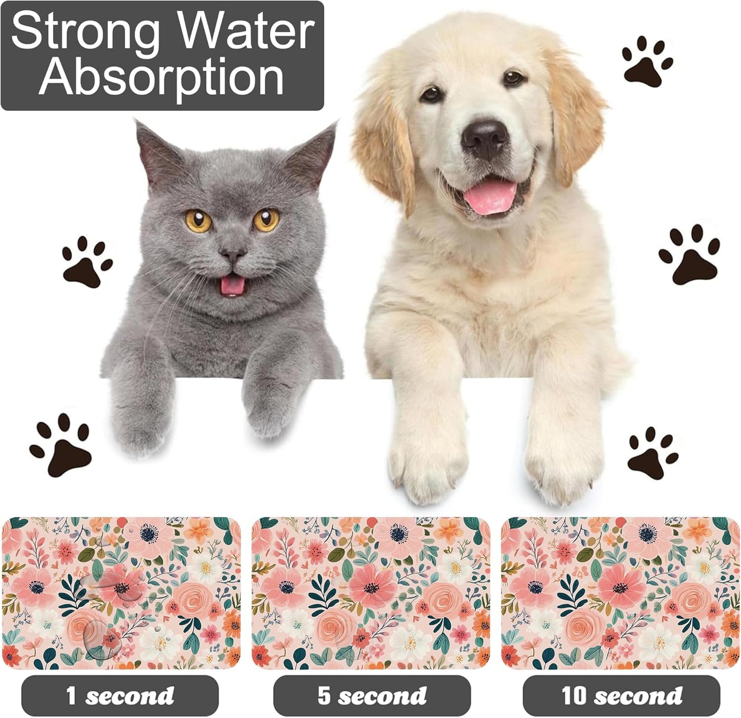 Boho Floral Pet Feeding Mat for Floors-Absorbent Dog Bowl Mat for Food and Water, Quick Dry Pet Cat Feeding Mats with Non Slip Bottom, Mess-Free Dog Accessories 12"x20"