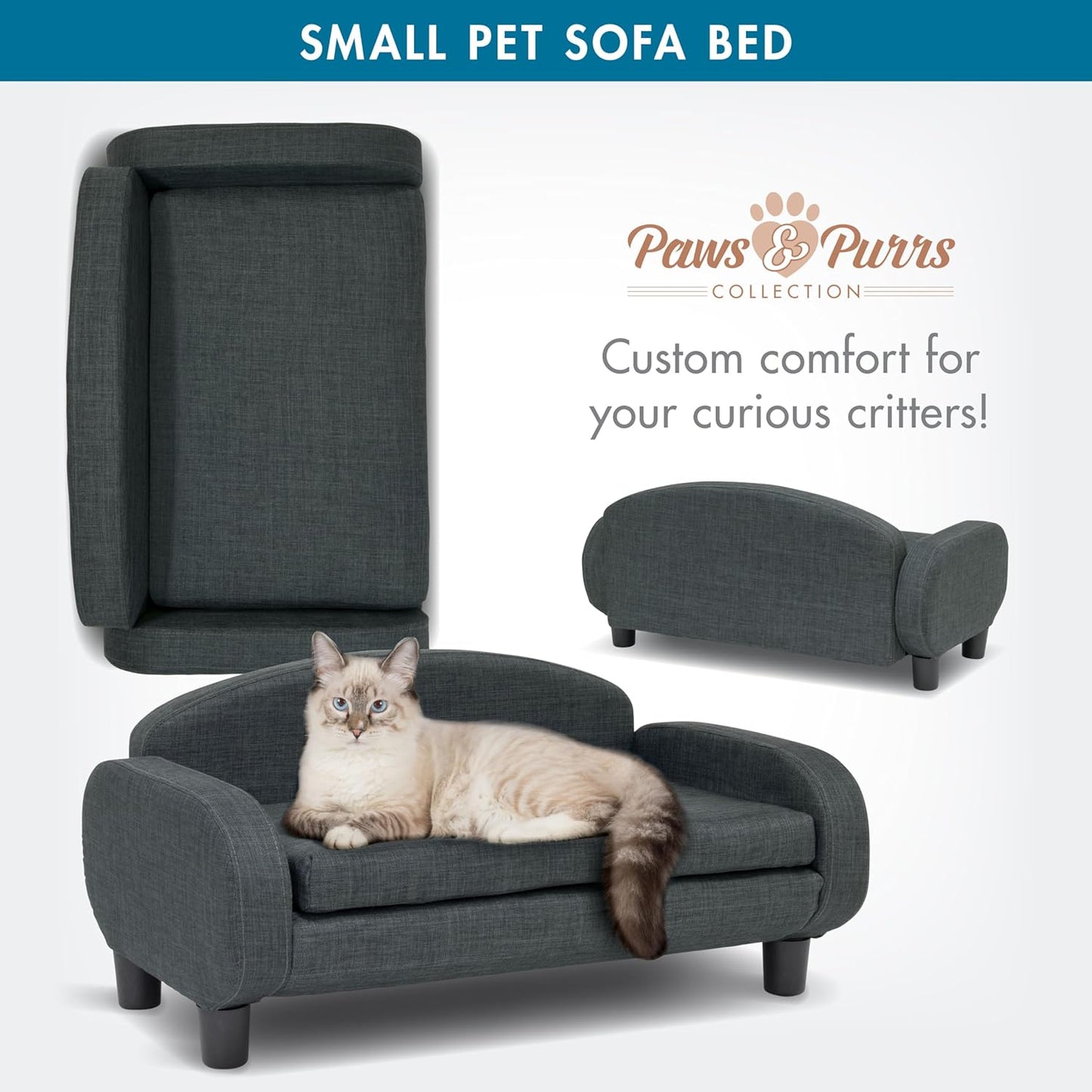 Paws & Purrs Cat Sofa Bed, Pet Couch for Indoor Cats Elevated Cat Beds with Removable Washable Mattress Cover for Kitten, Puppy or Small Animal- 31.5" Wide, Gray