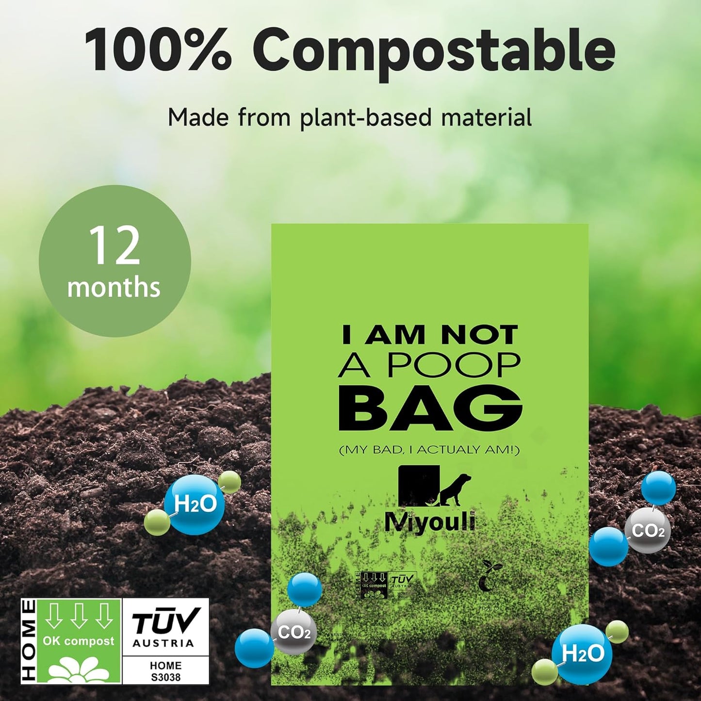 Certified Compostable Poop Bags for Dogs, 240 Poop Bags (16 Rolls), Landfill Friendly, Leak Proof Unscented Easy Open Poop Waste Bag（Green）