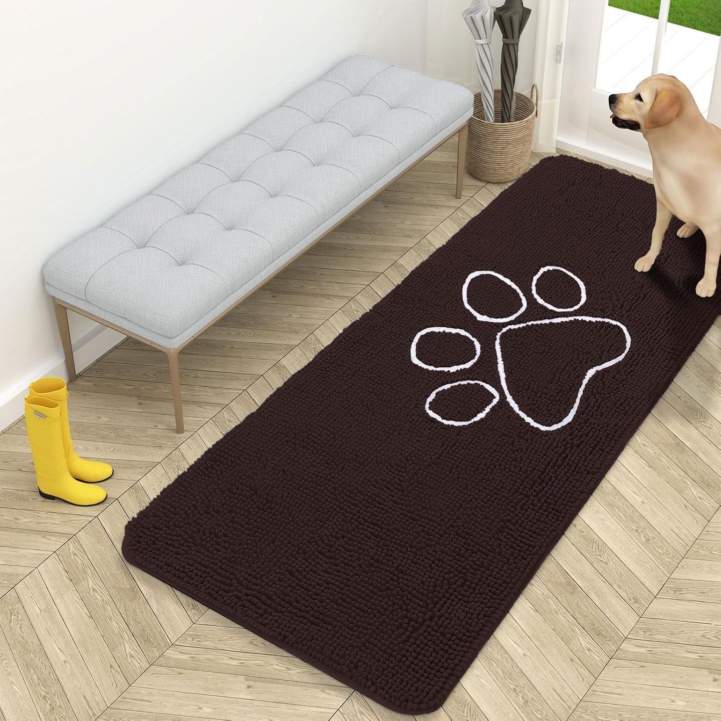 OLANLY Door Mat for Muddy Dog Paws 59x24, Ultra Absorbent Chenille Mud Doormat with Paw Print Design, Non-Slip Washable Doormat for Indoor Entryway, Quick-Dry Pet Bed Mats for Dirty Dogs, Brown