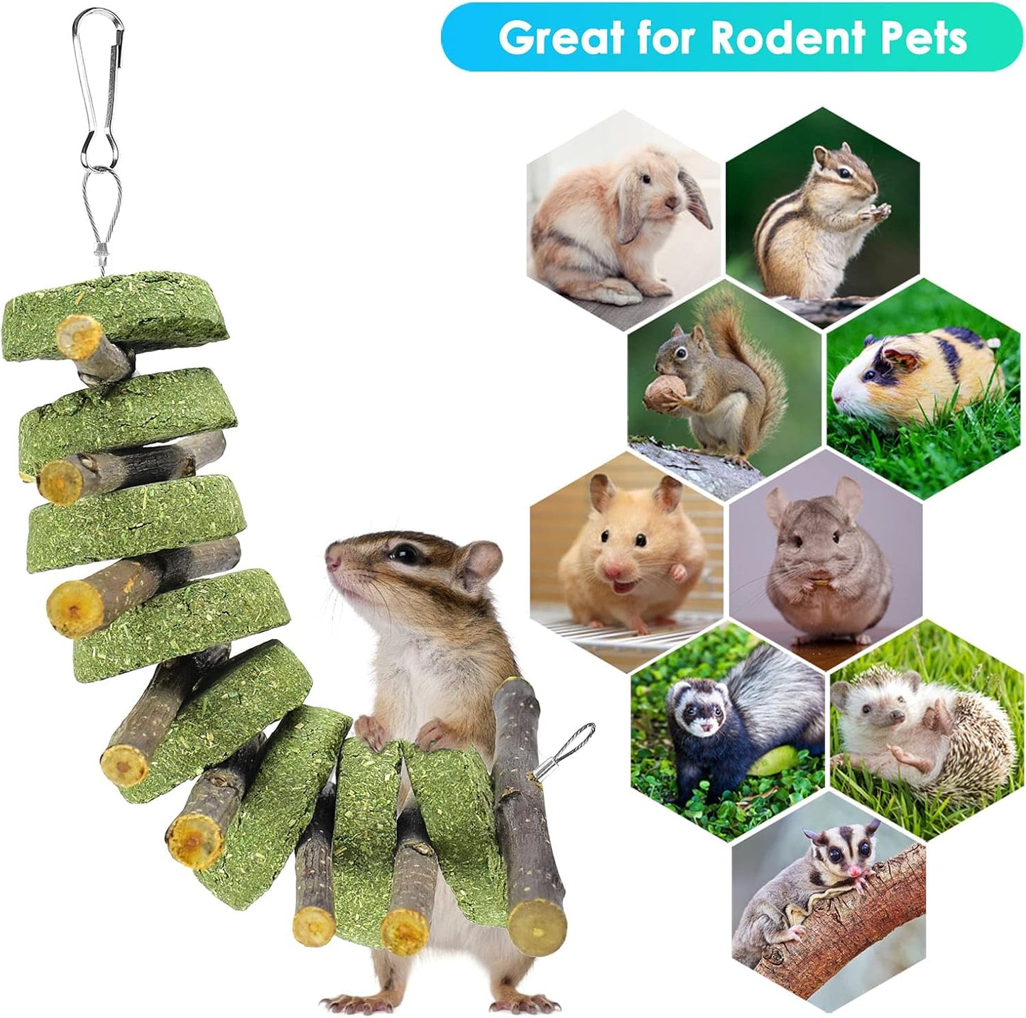 ERKOON Bunny Chew Toys, Rabbit Chew Toys for Teeth Grinding, Improve Dental Health, 100% Natural Apple Wood Timothy Grass Cake Treats for Rabbits Guinea Pigs Chinchillas Bunnies Hamsters (3 Pcs)