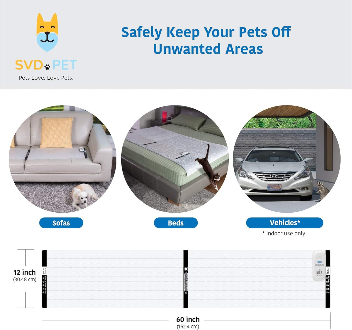 SVD.PET Pet Training Mat with Tester, 60" X 12", Pet Shock Pad, Dogs & Cats Electronic Repellent Mat for Indoor, 3 Training Modes, 5 Levels, Auto Power Off Safe Protection, Keep Dog Off Couch