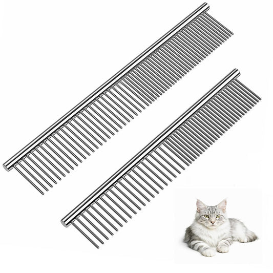 Dog Comb and Cat Combs Stainless Steel Teeth, Grooming Tool for Long & Short Hair, Dematting Comb for Dogs, Removes Tangles & Knots (Small and Large Silver)