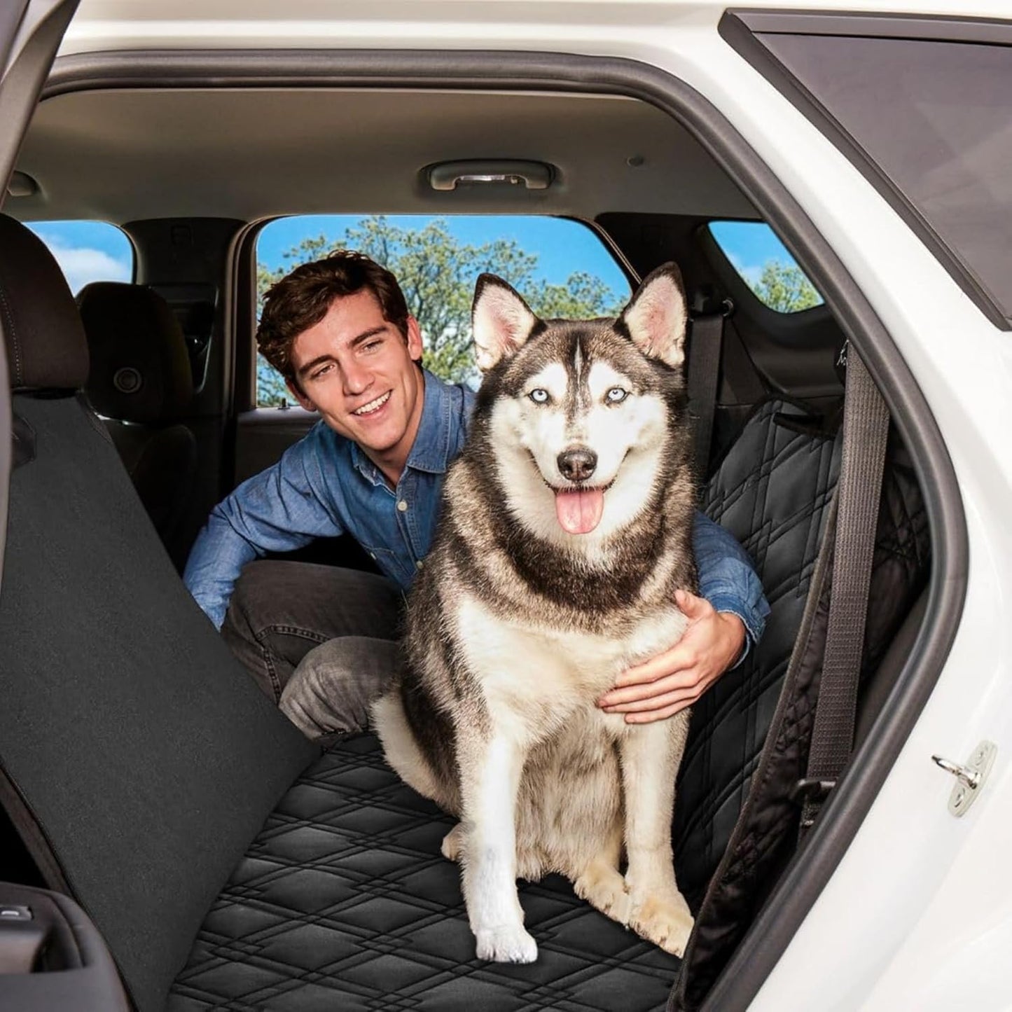 Meadowlark XL Dog Seat Covers Unique Design & Full Car Protection-Doors,Headrests & Backseat. Extra Durable Zippered Side Flap, Waterproof Hammock Pet Seat Cover + Seat Belt & 2 Headrest Protectors